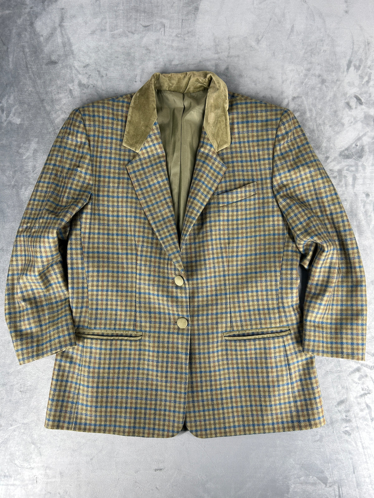 Blazer in lana a quadri verde con collo in velluto vintage – Donna Taglia L