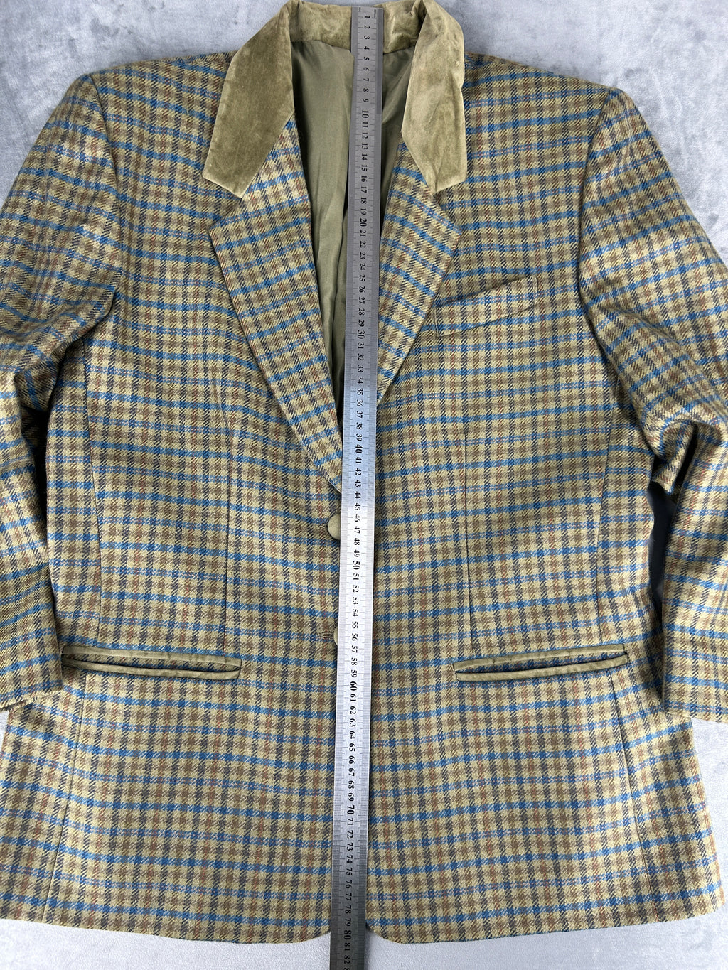 Blazer in lana a quadri verde con collo in velluto vintage – Donna Taglia L