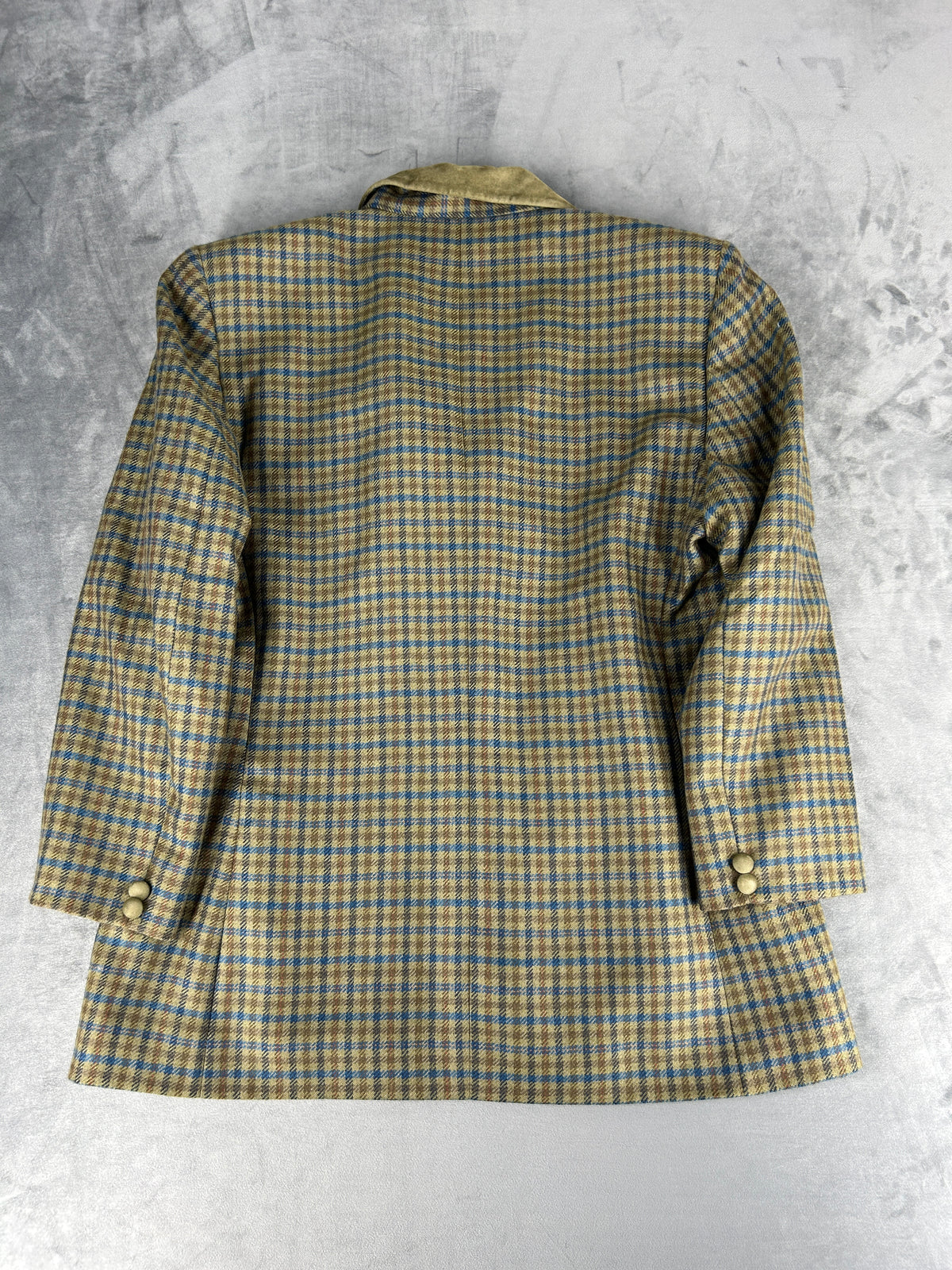 Blazer in lana a quadri verde con collo in velluto vintage – Donna Taglia L