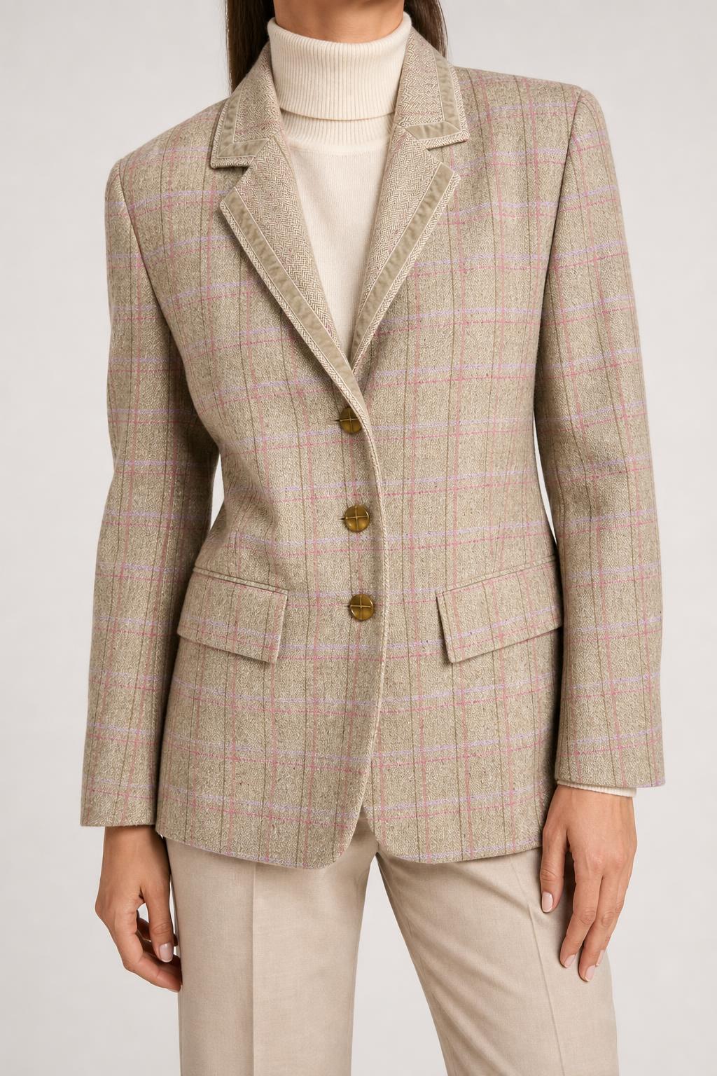 Blazer in lana beige a quadri vintage – Donna Taglia L