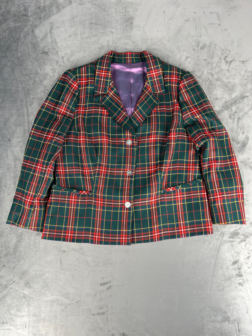 Blazer in lana tartan verde e rosso vintage – Donna Taglia L