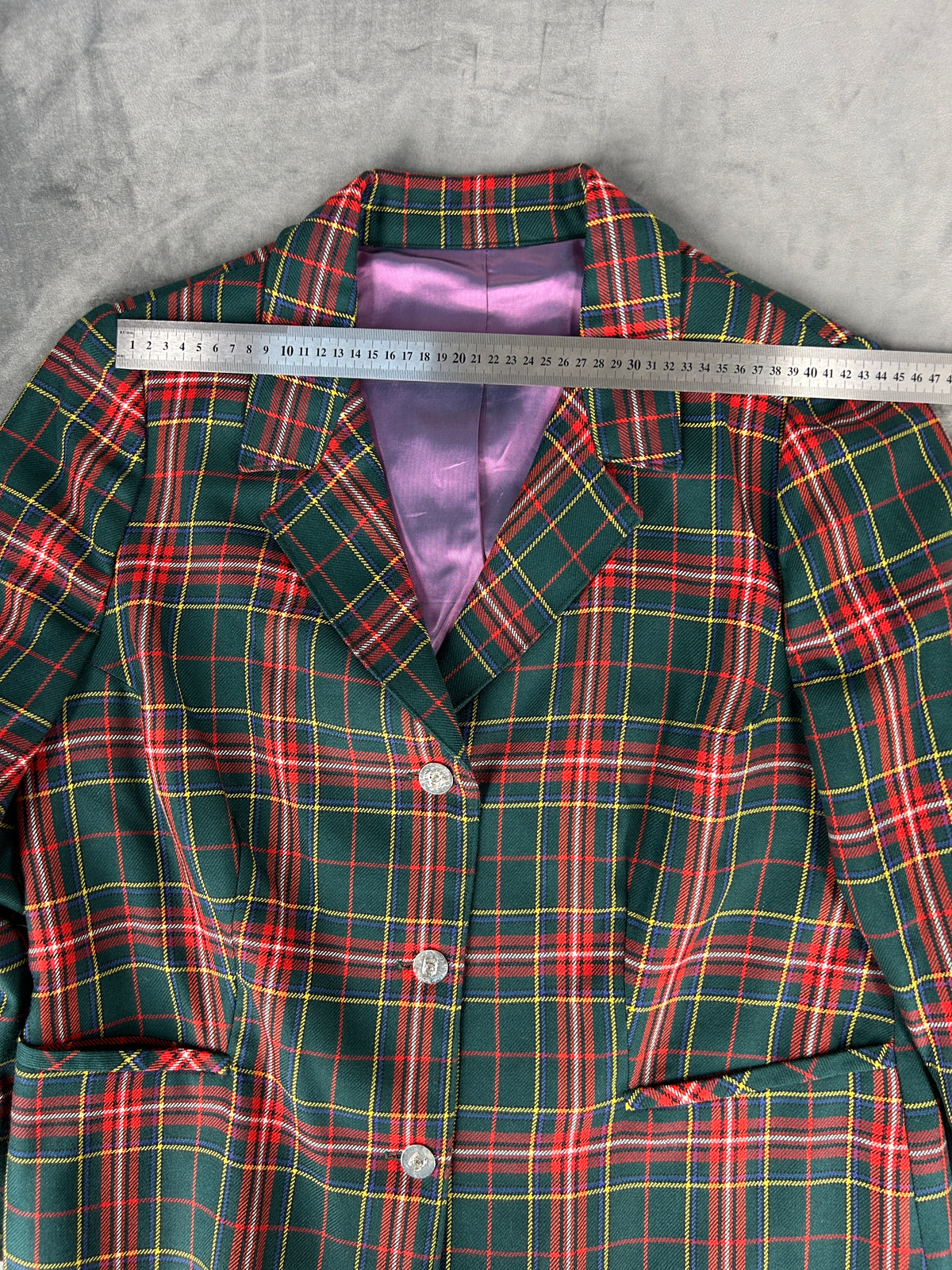 Blazer in lana tartan verde e rosso vintage – Donna Taglia L