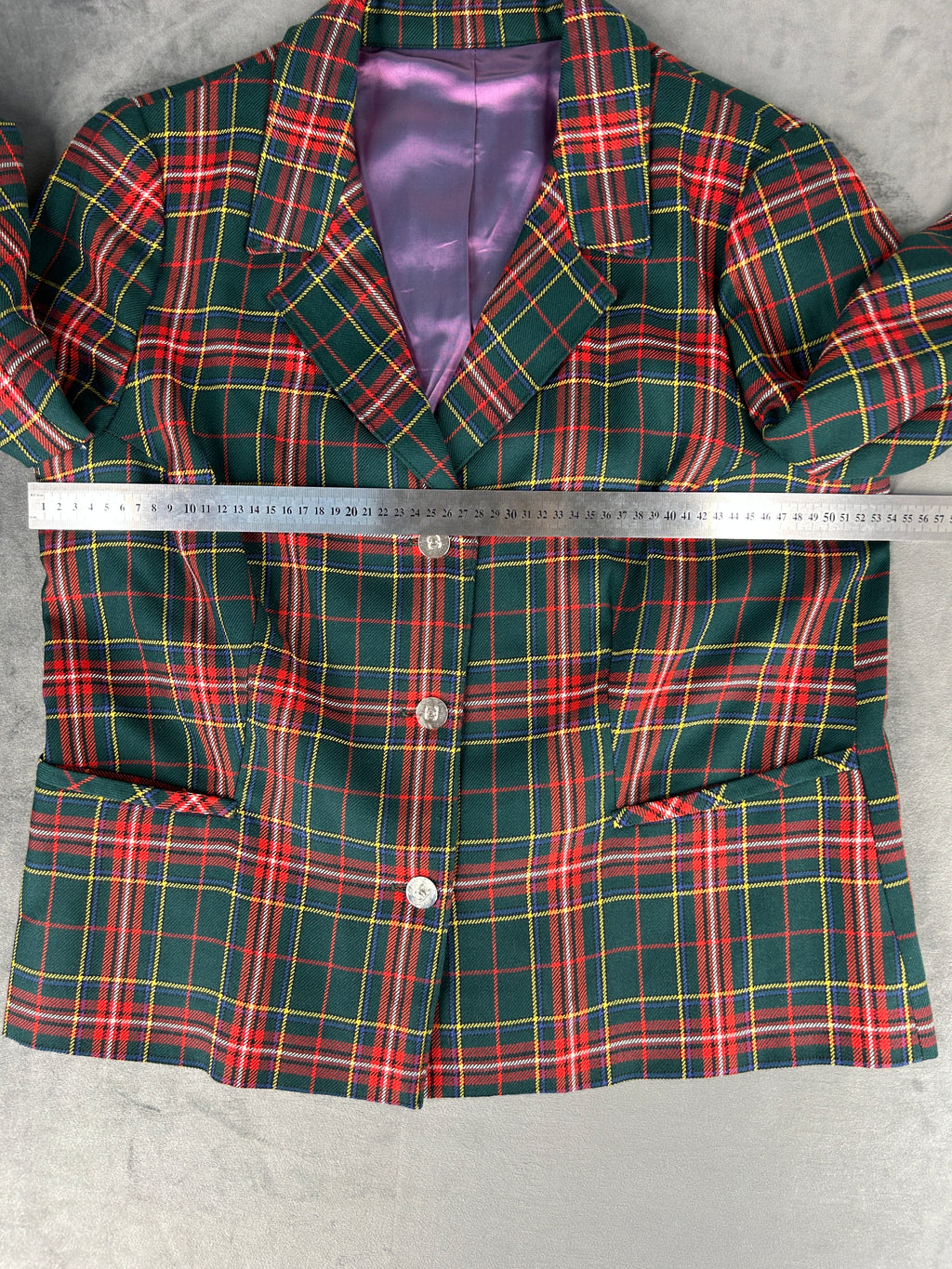 Blazer in lana tartan verde e rosso vintage – Donna Taglia L