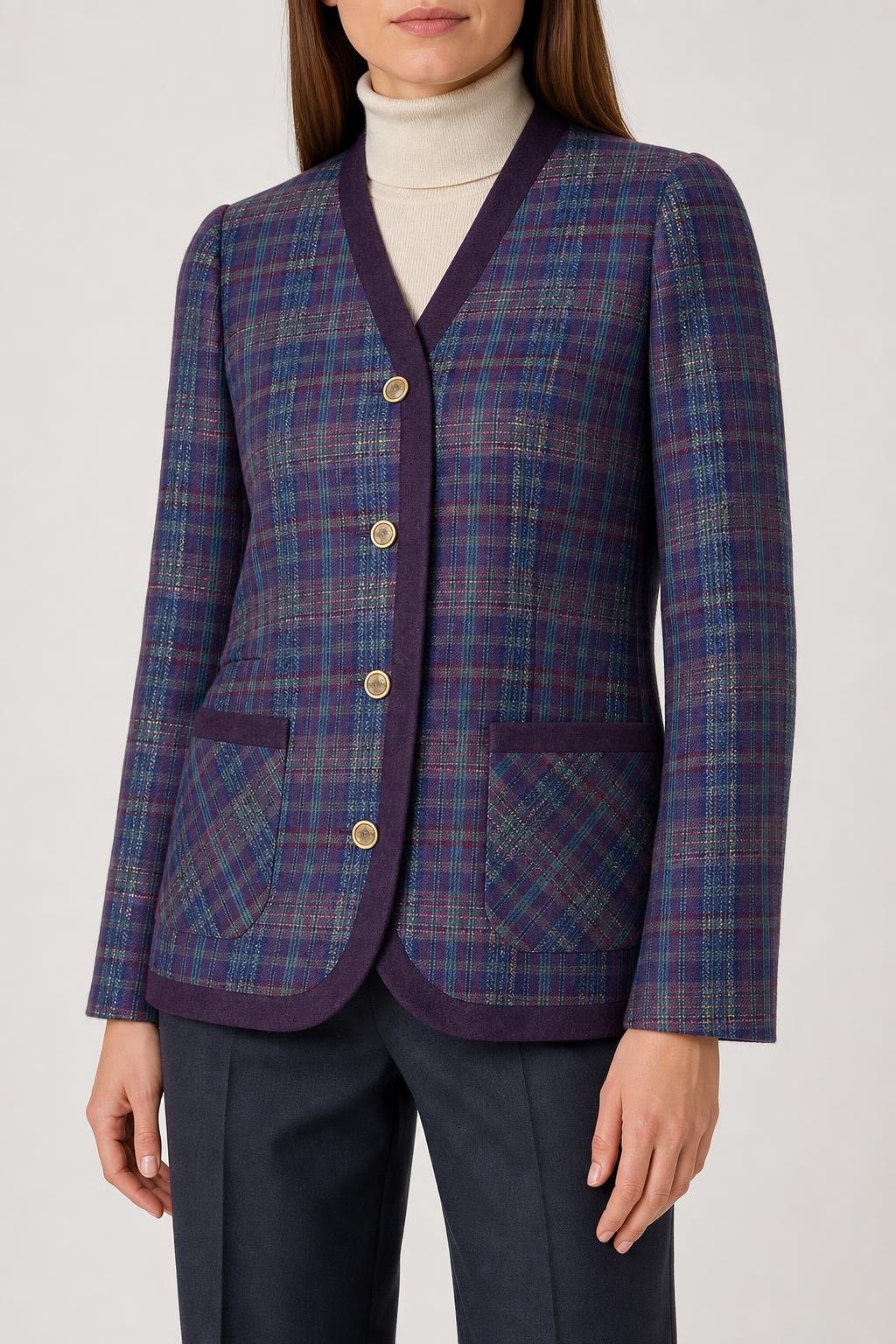 Blazer in lana viola a quadri con profili in velluto vintage – Donna Taglia L