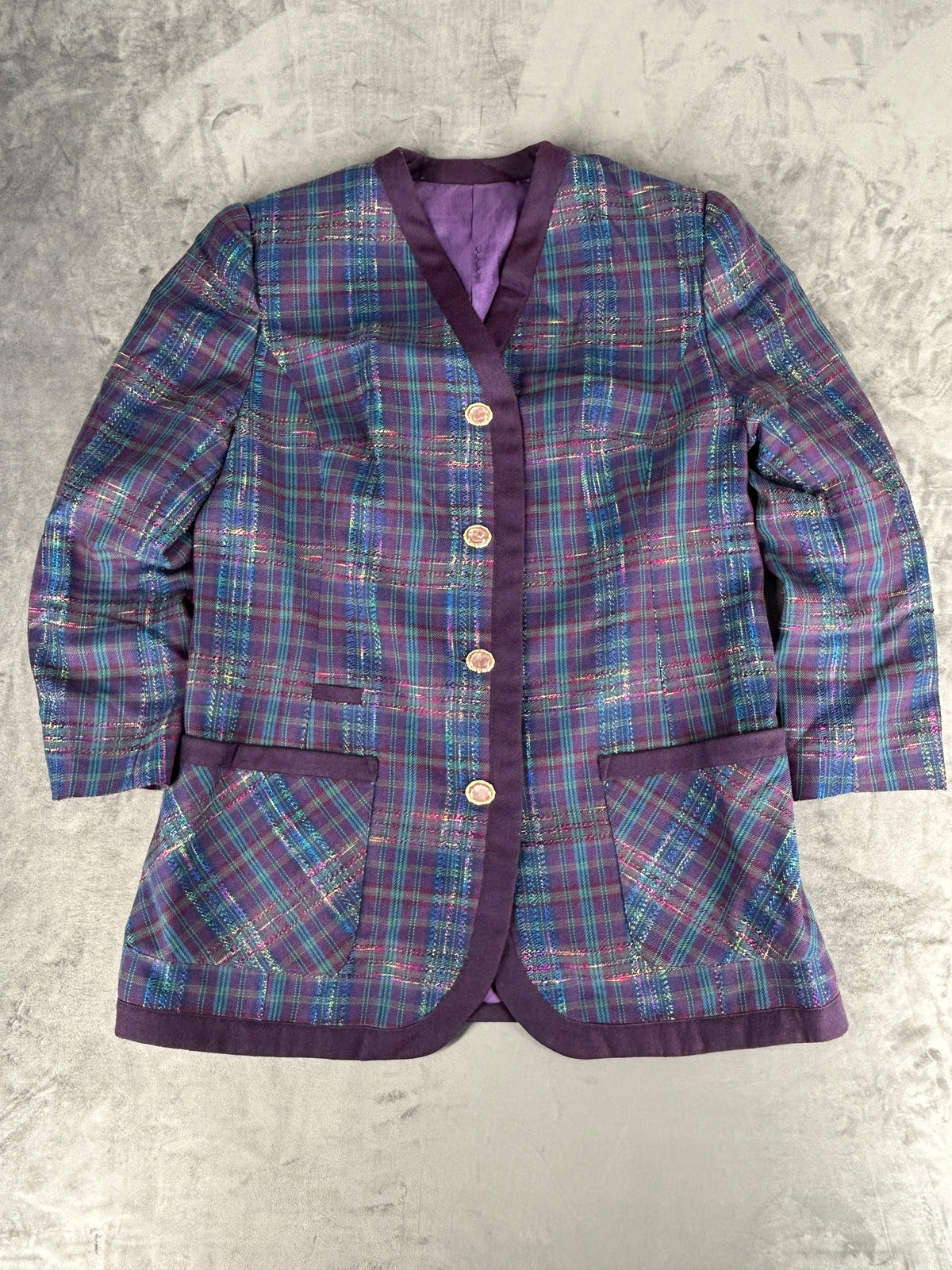 Blazer in lana viola a quadri con profili in velluto vintage – Donna Taglia L