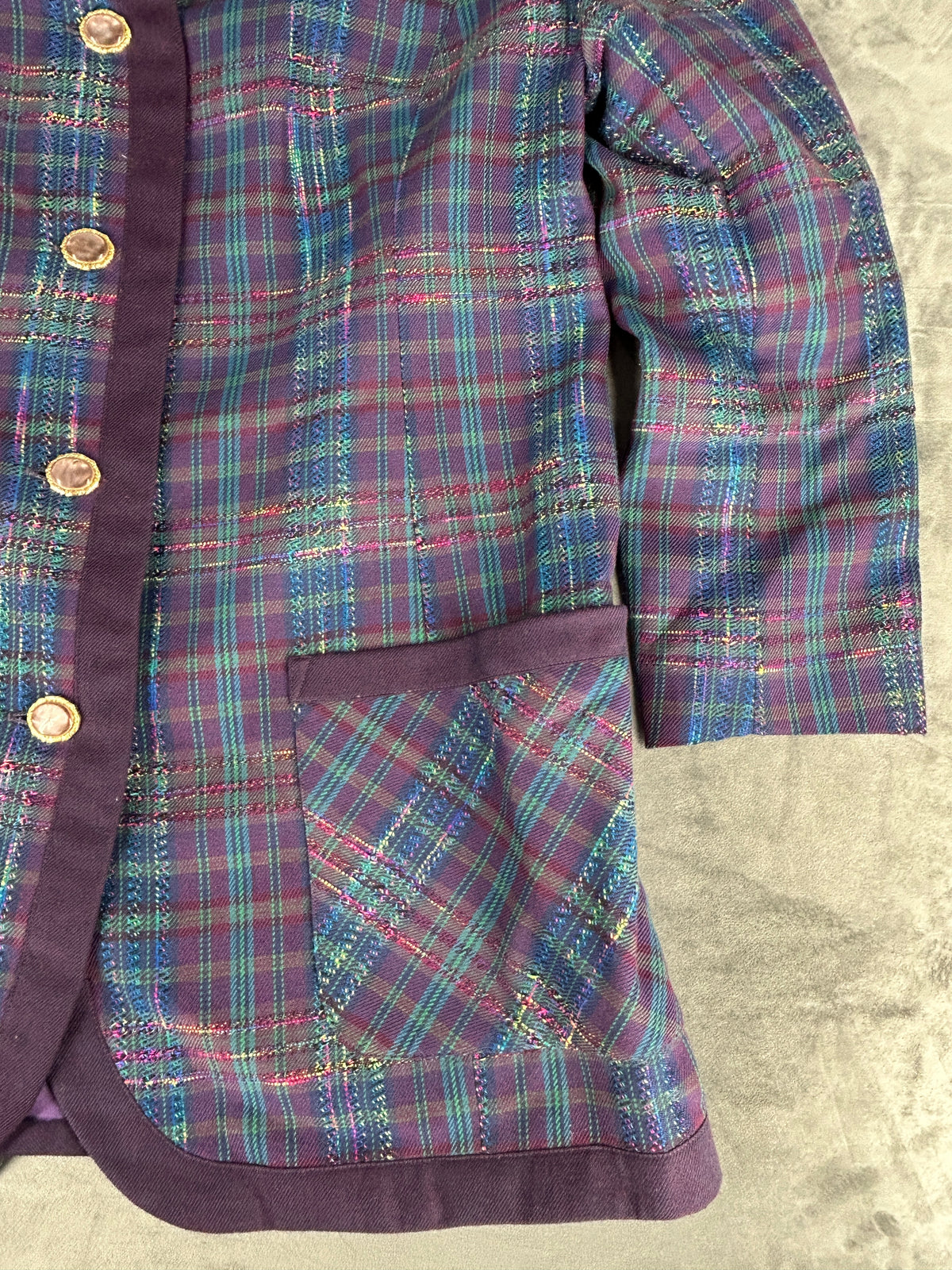 Blazer in lana viola a quadri con profili in velluto vintage – Donna Taglia L