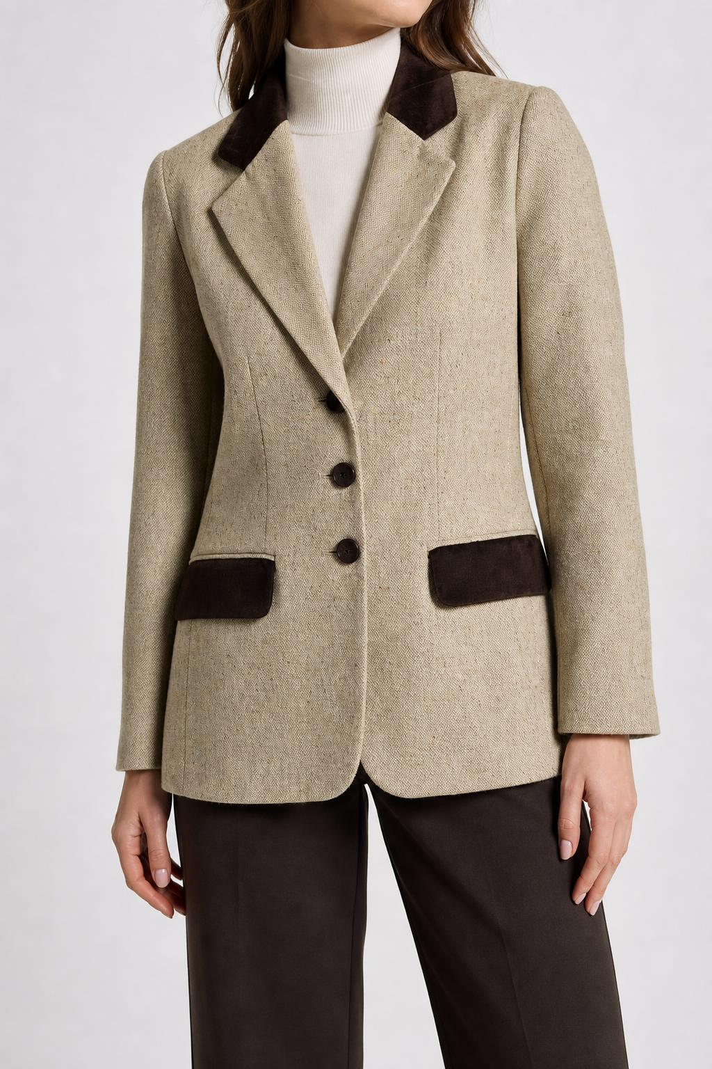 Giacca in lana tweed beige con collo e profili in velluto vintage – Donna Taglia L