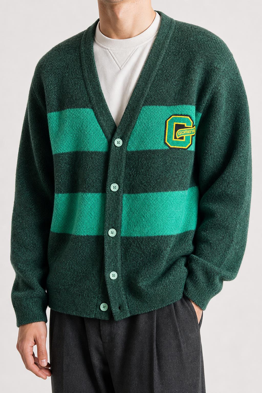 Cardigan in lana verde a righe con toppa Gomena vintage – Uomo Taglia L