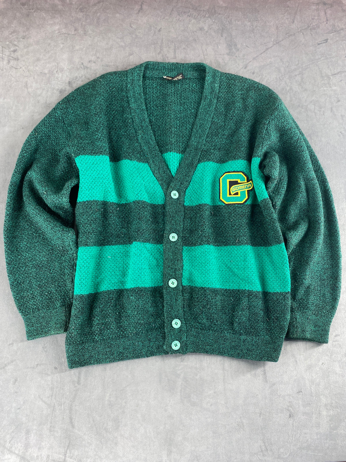 Cardigan in lana verde a righe con toppa Gomena vintage – Uomo Taglia L