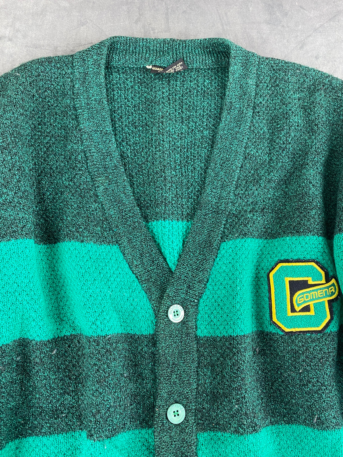 Cardigan in lana verde a righe con toppa Gomena vintage – Uomo Taglia L