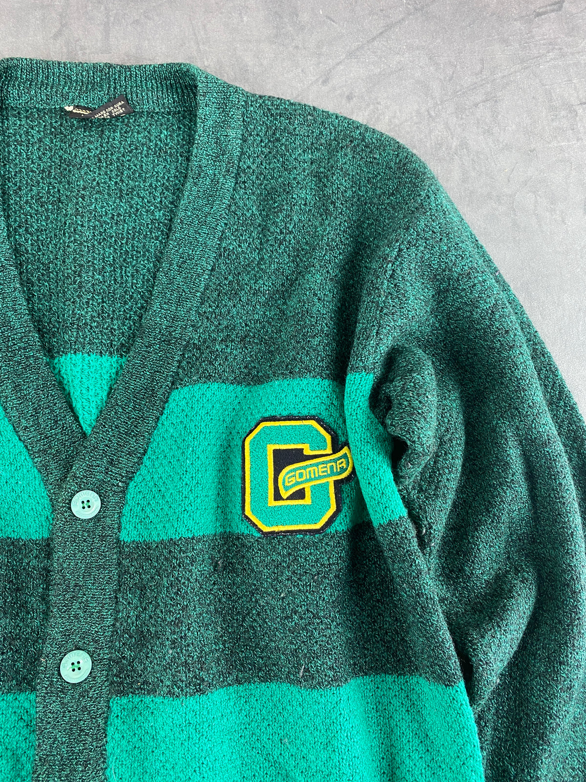 Cardigan in lana verde a righe con toppa Gomena vintage – Uomo Taglia L
