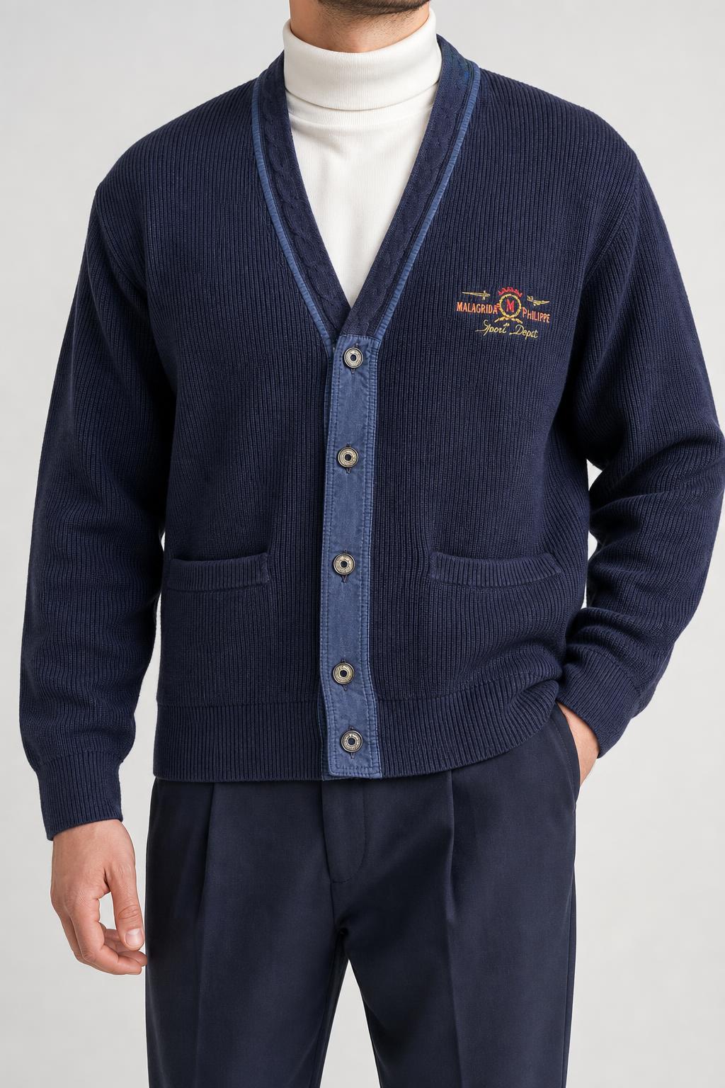 Cardigan in lana blu navy con ricamo Malagrida vintage – Uomo Taglia L