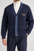 Cardigan in lana blu navy con ricamo Malagrida vintage – Uomo Taglia L