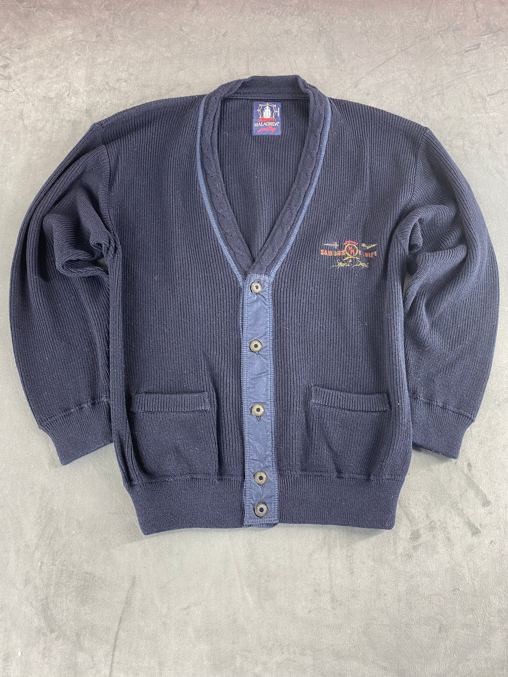 Cardigan in lana blu navy con ricamo Malagrida vintage – Uomo Taglia L