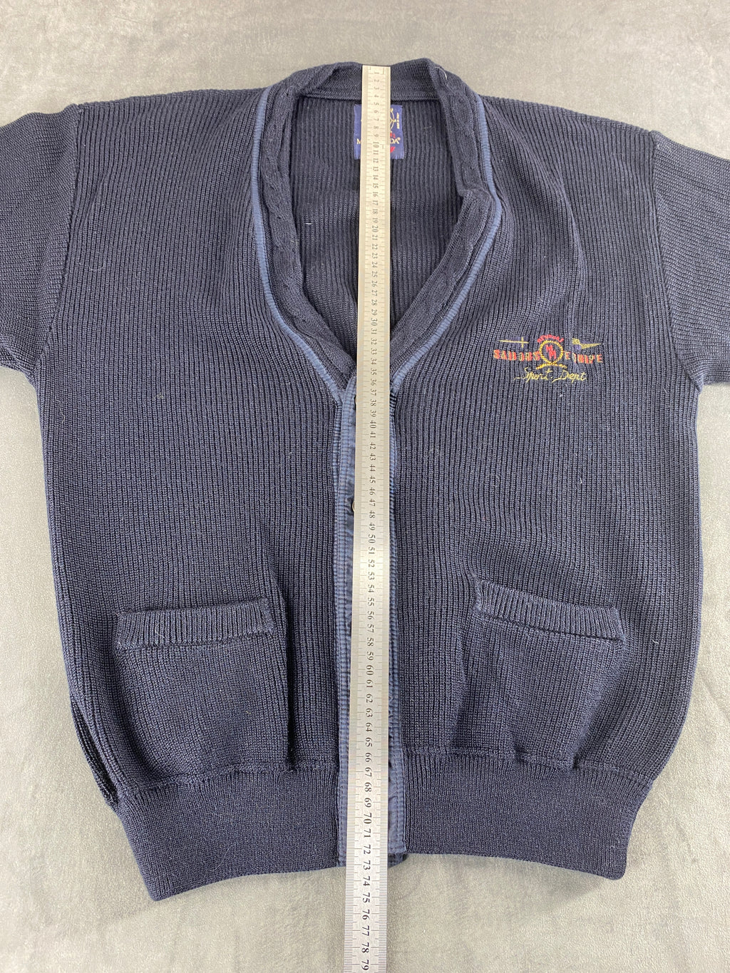 Cardigan in lana blu navy con ricamo Malagrida vintage – Uomo Taglia L