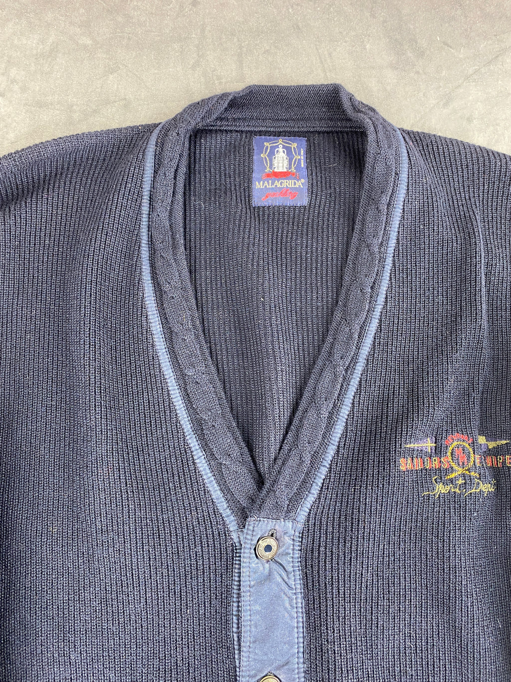 Cardigan in lana blu navy con ricamo Malagrida vintage – Uomo Taglia L