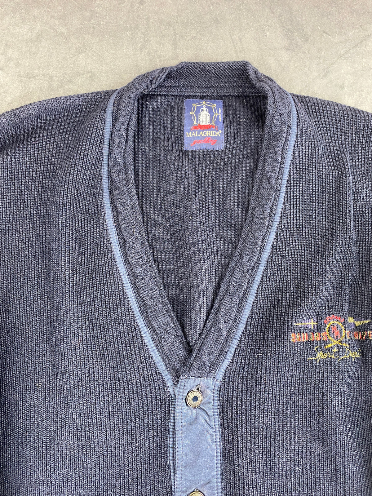 Cardigan in lana blu navy con ricamo Malagrida vintage – Uomo Taglia L