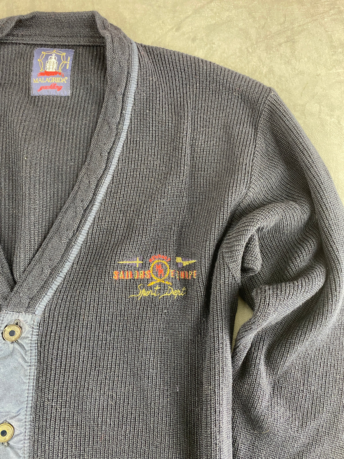 Cardigan in lana blu navy con ricamo Malagrida vintage – Uomo Taglia L