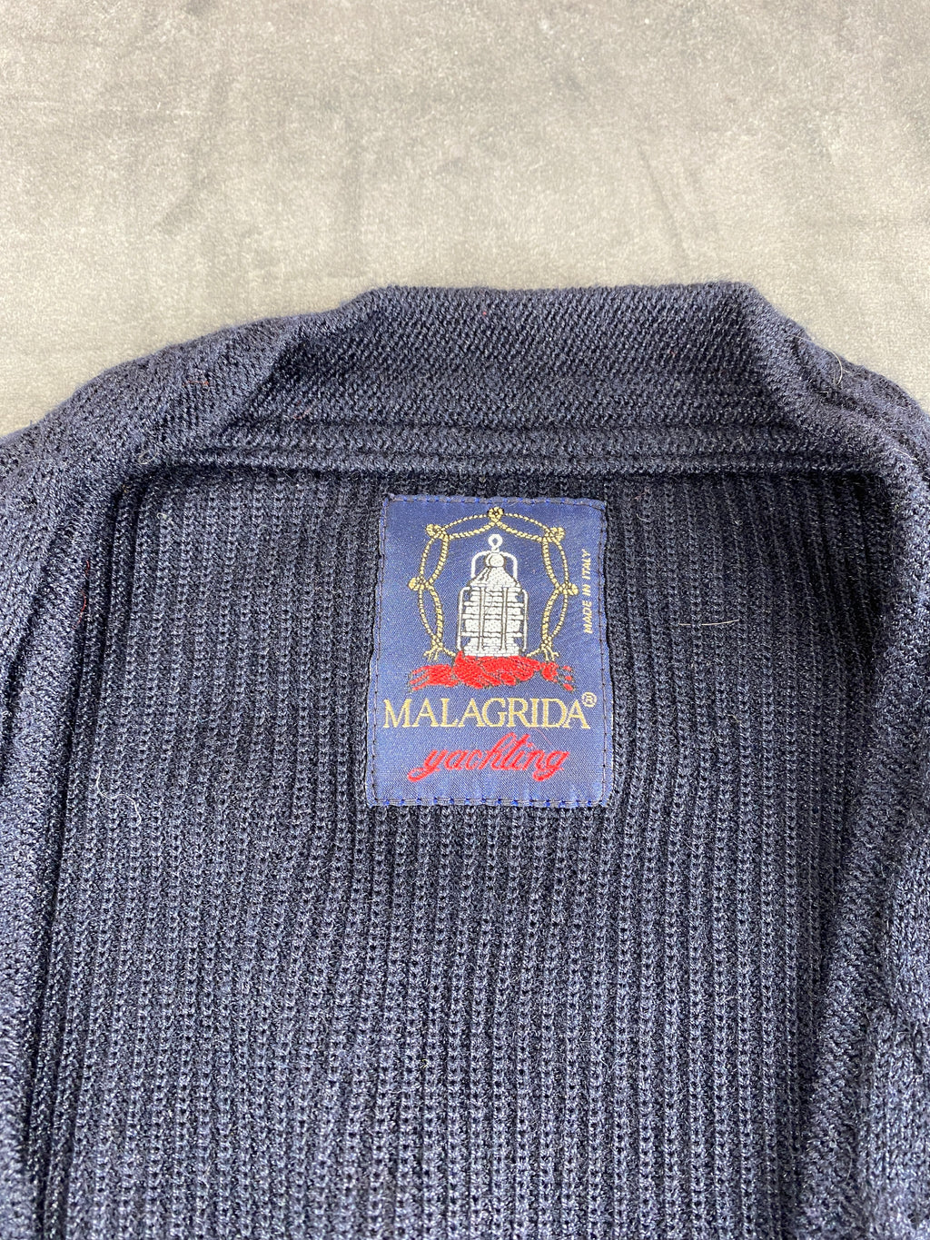 Cardigan in lana blu navy con ricamo Malagrida vintage – Uomo Taglia L