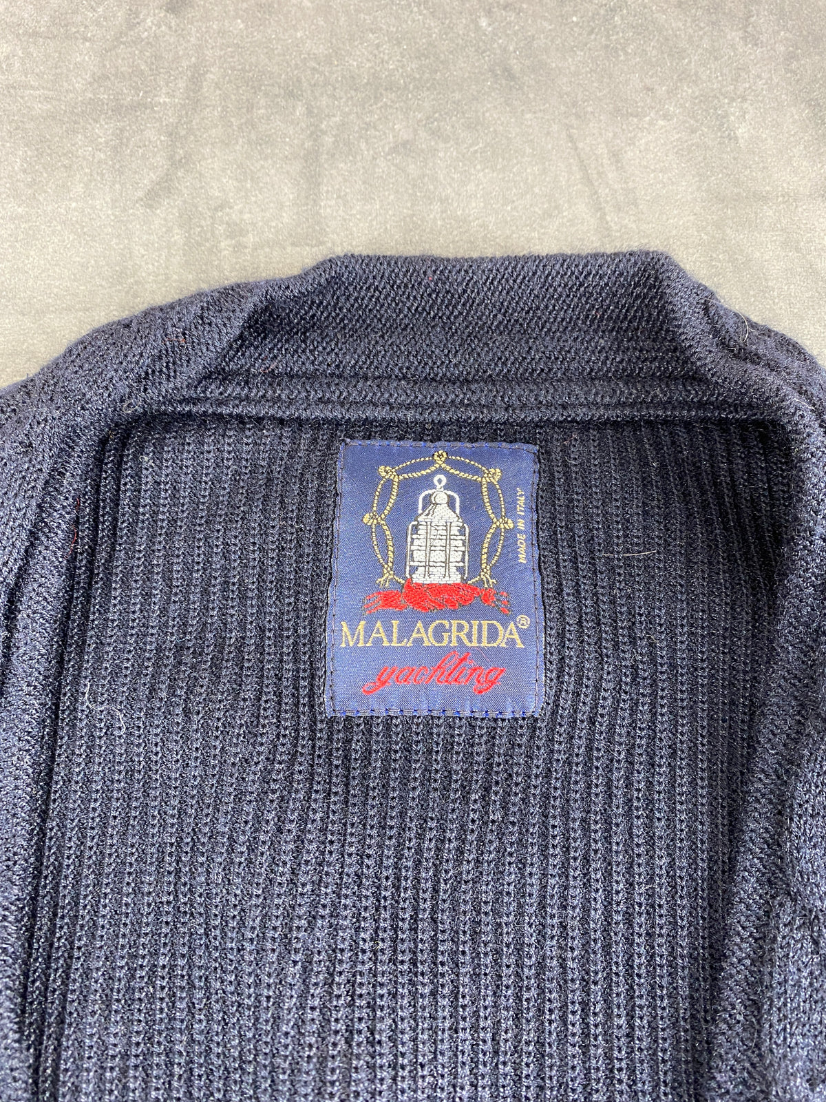 Cardigan in lana blu navy con ricamo Malagrida vintage – Uomo Taglia L