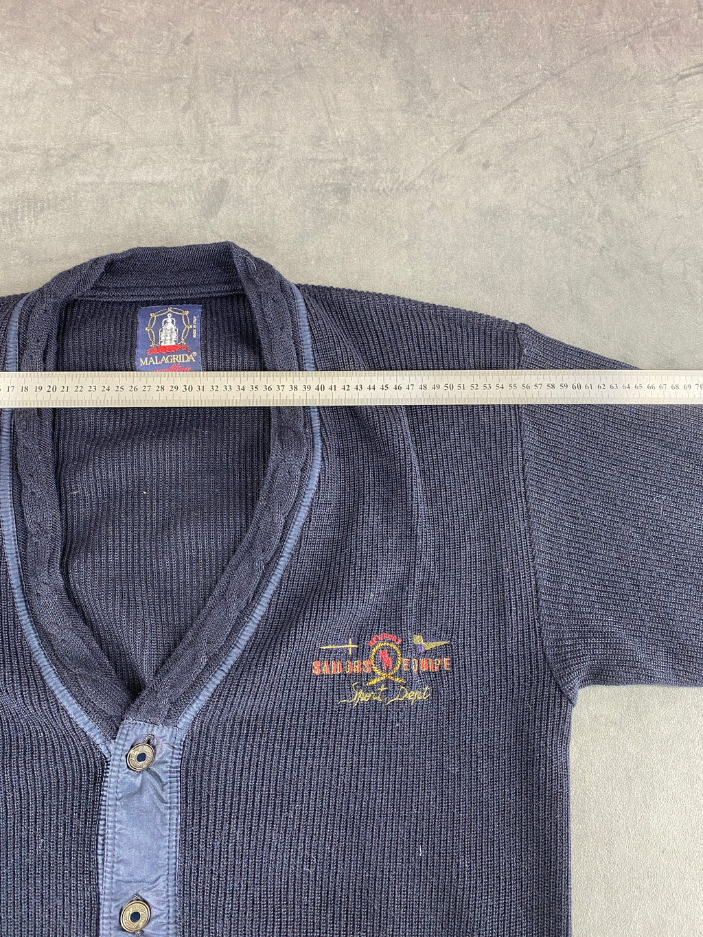 Cardigan in lana blu navy con ricamo Malagrida vintage – Uomo Taglia L