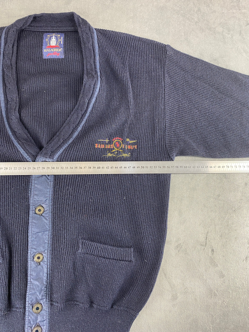 Cardigan in lana blu navy con ricamo Malagrida vintage – Uomo Taglia L