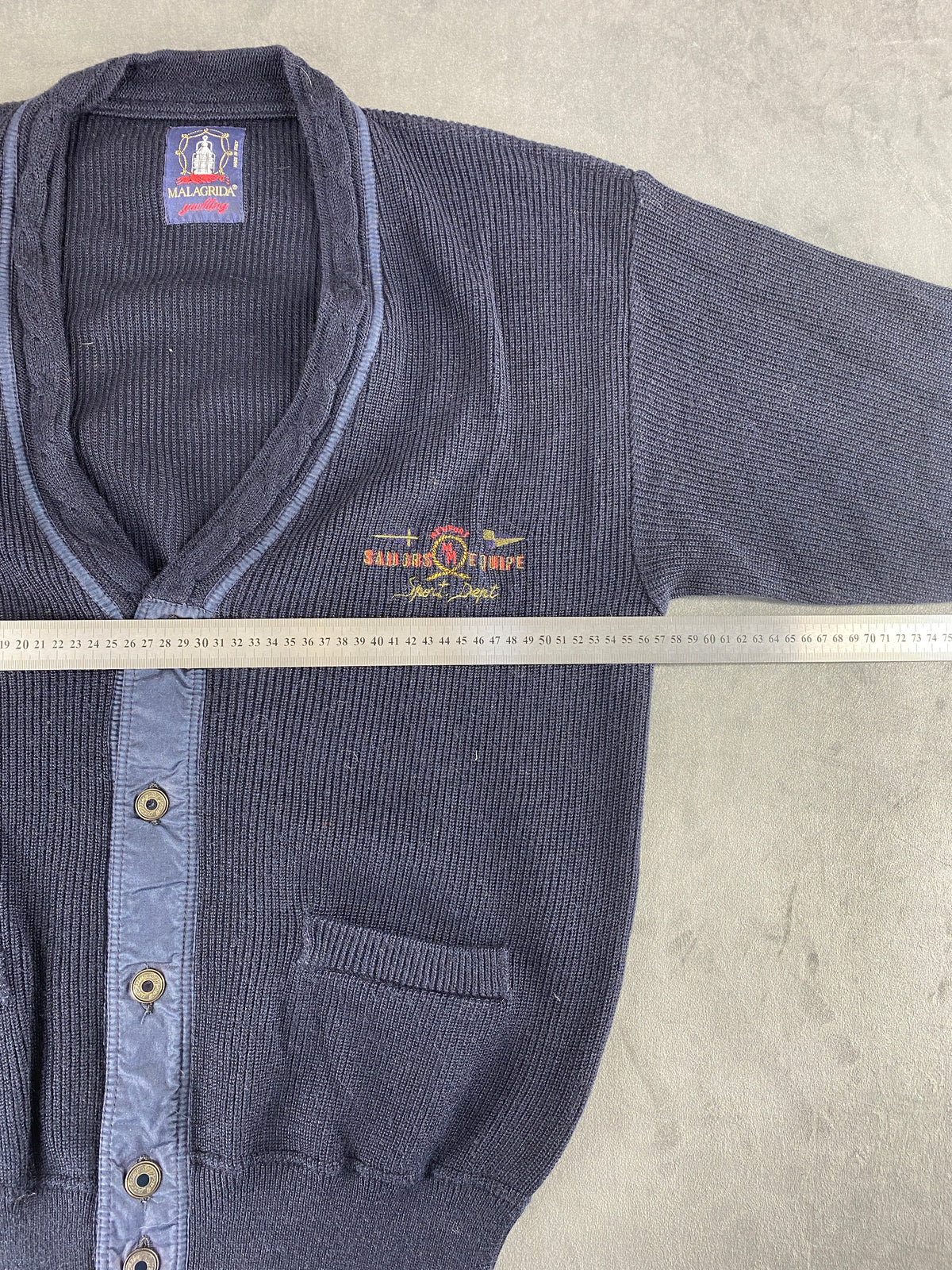 Cardigan in lana blu navy con ricamo Malagrida vintage – Uomo Taglia L