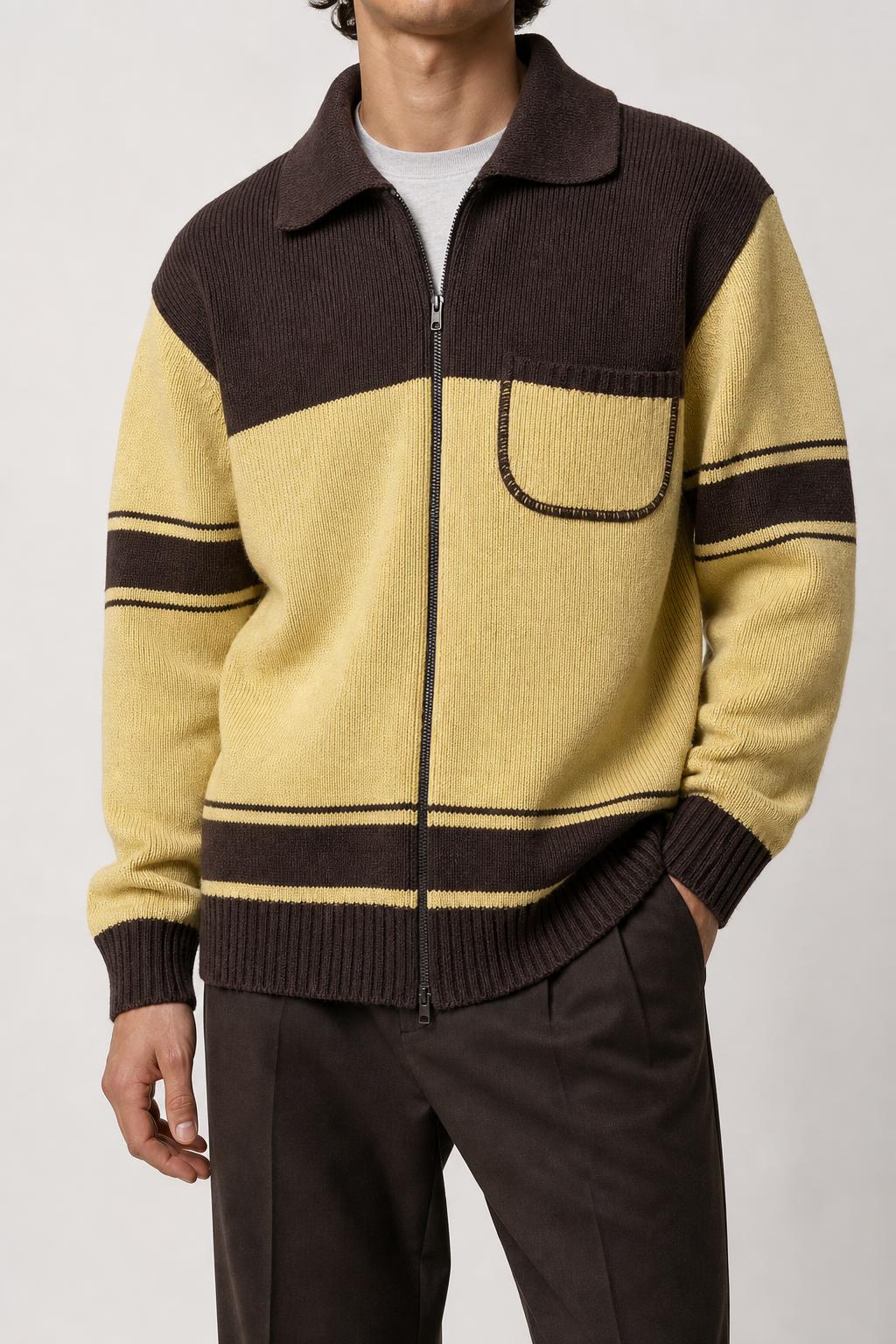 Cardigan zip in maglia color-block senape e marrone vintage – Uomo Taglia M