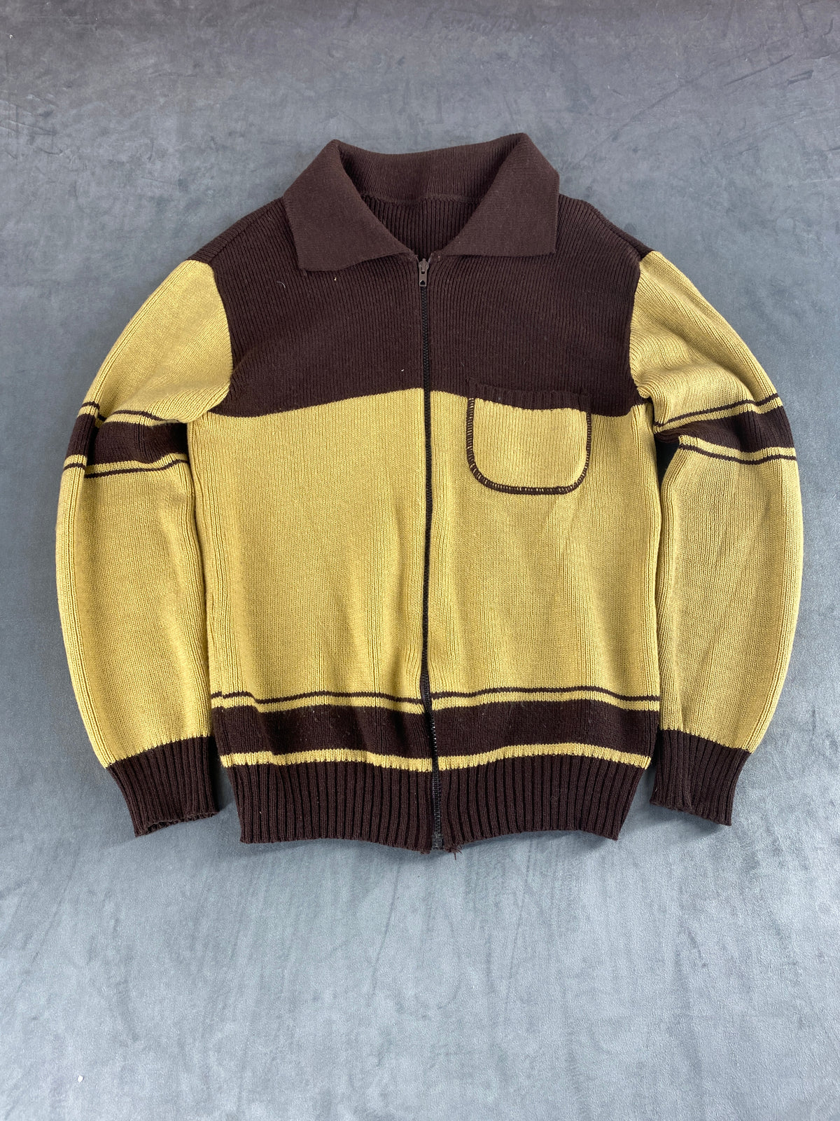 Cardigan zip in maglia color-block senape e marrone vintage – Uomo Taglia M