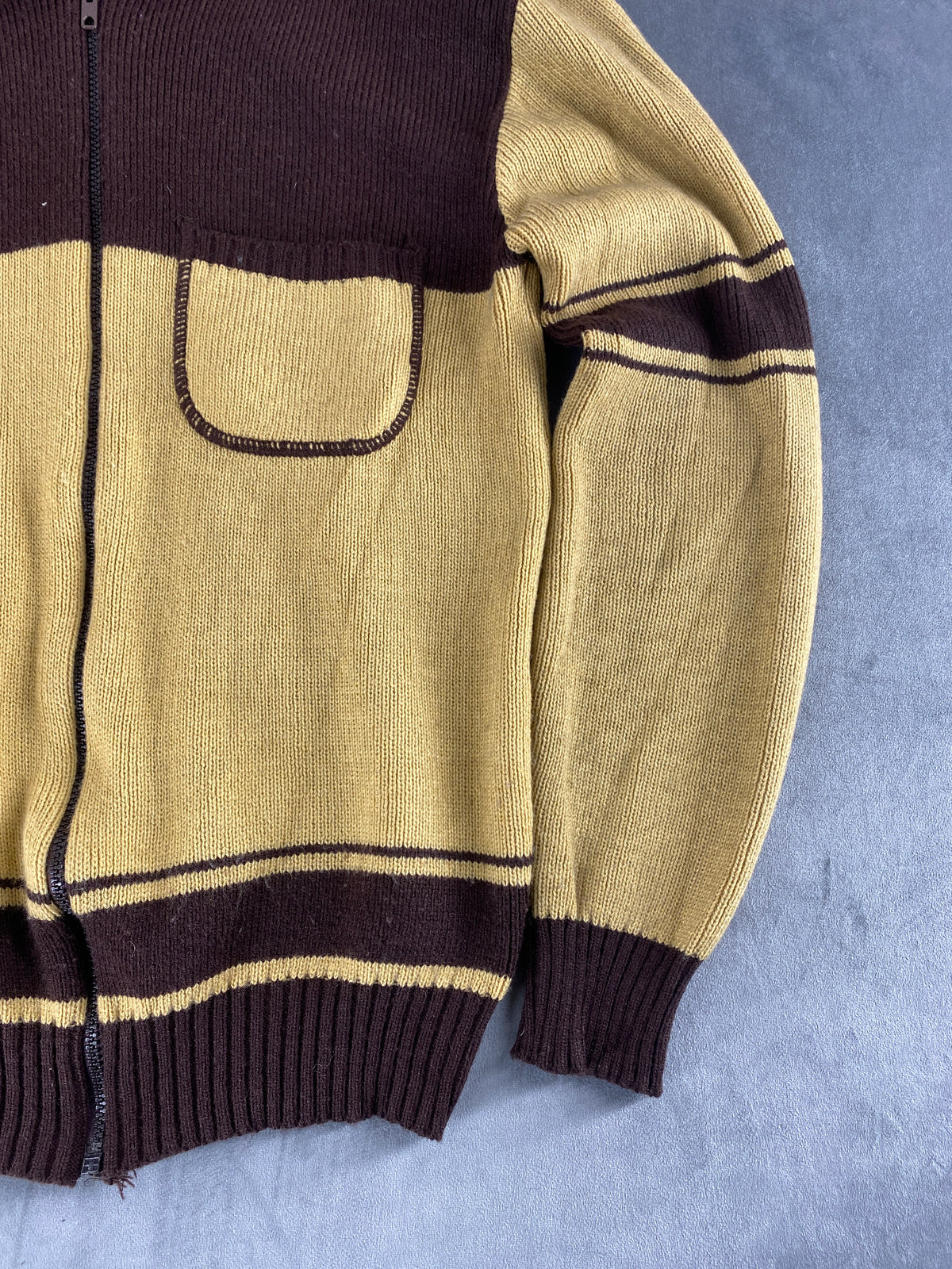 Cardigan zip in maglia color-block senape e marrone vintage – Uomo Taglia M