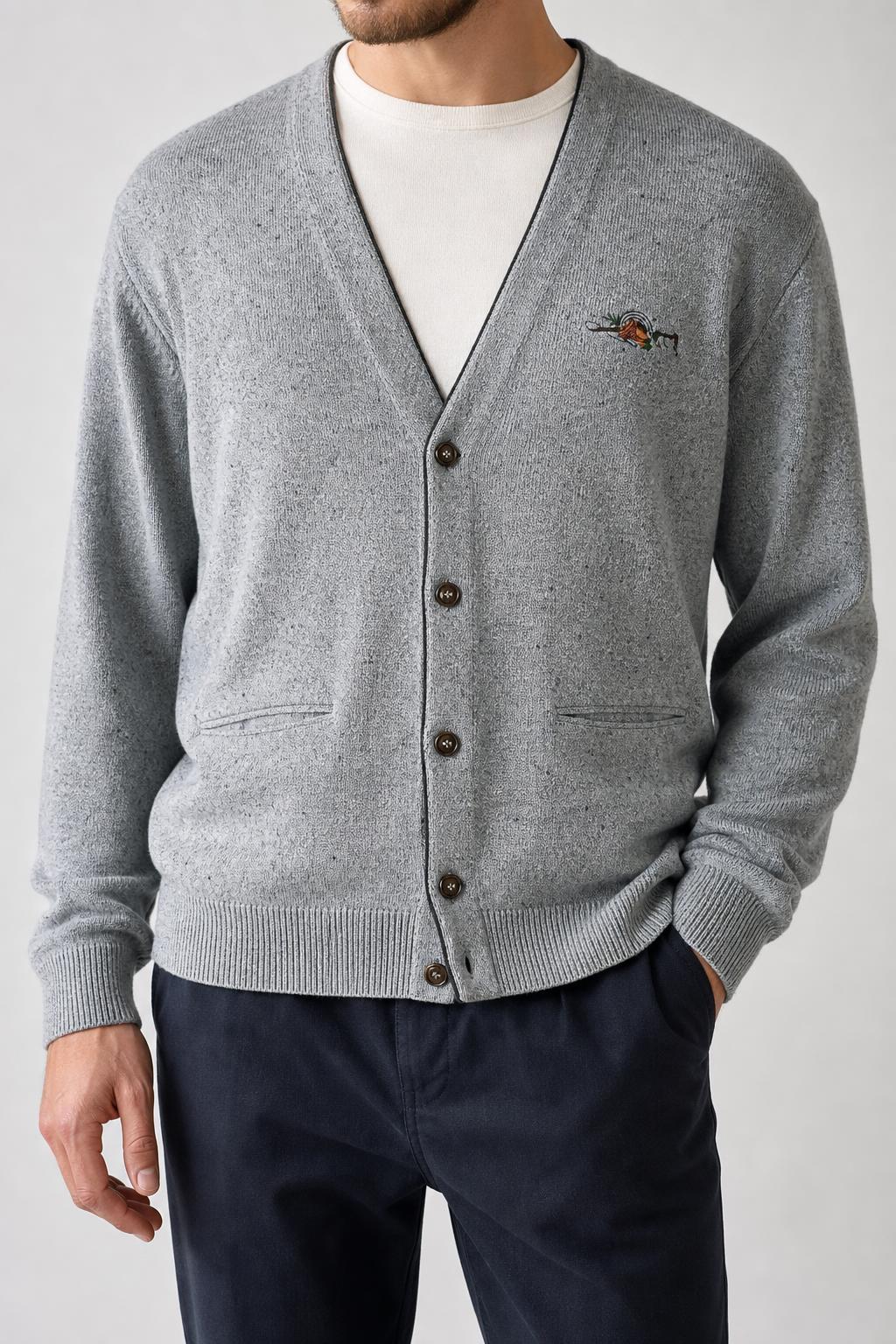 Cardigan in lana grigio con ricamo equestre vintage – Uomo Taglia L