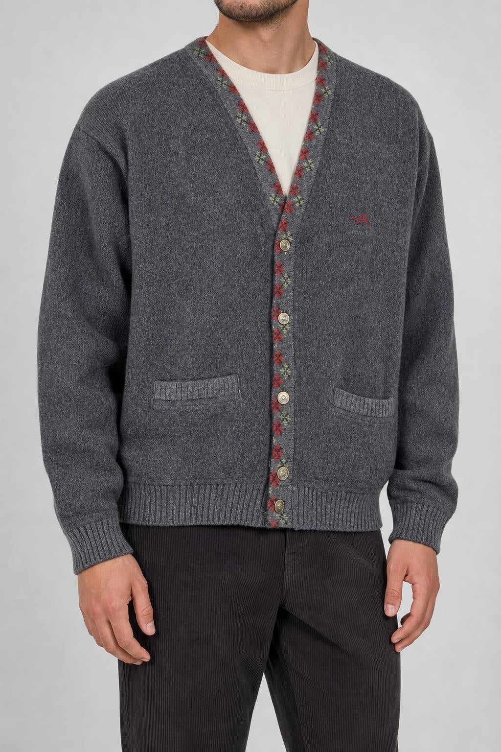 Cardigan in lana grigio con bordo a rombi vintage – Uomo Taglia L