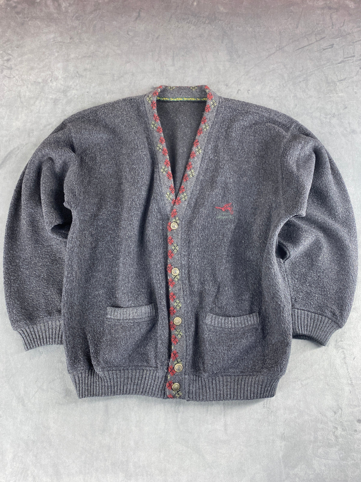 Cardigan in lana grigio con bordo a rombi vintage – Uomo Taglia L