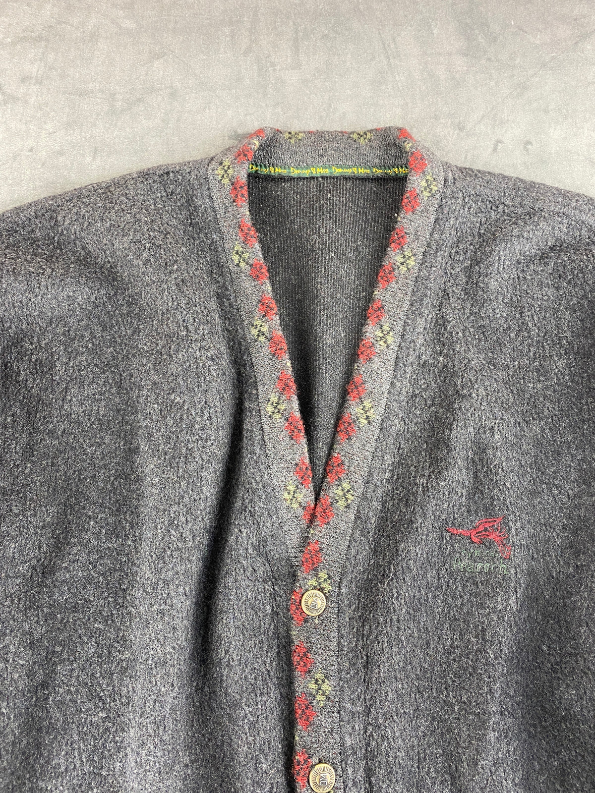 Cardigan in lana grigio con bordo a rombi vintage – Uomo Taglia L
