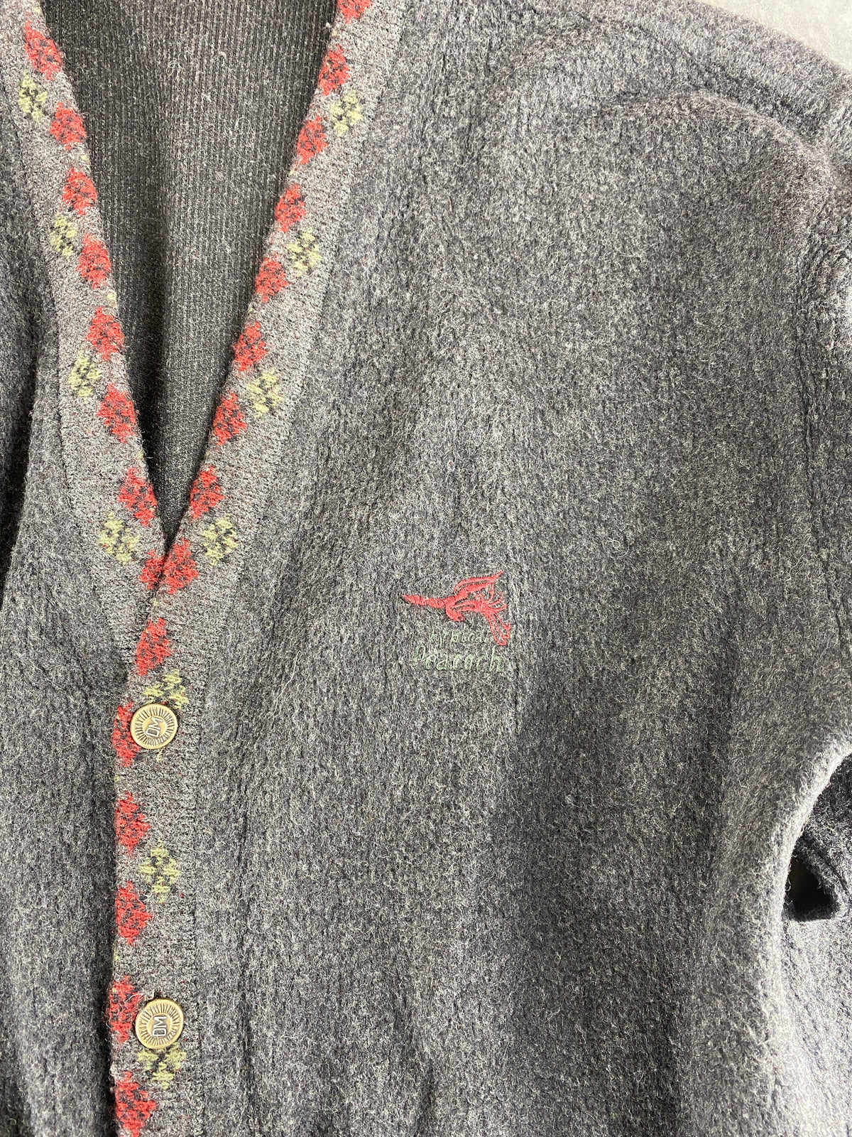 Cardigan in lana grigio con bordo a rombi vintage – Uomo Taglia L