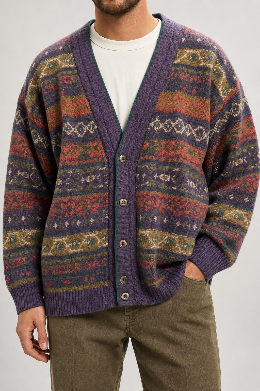 Cardigan in lana e alpaca a fantasia nordica vintage – Uomo Taglia L