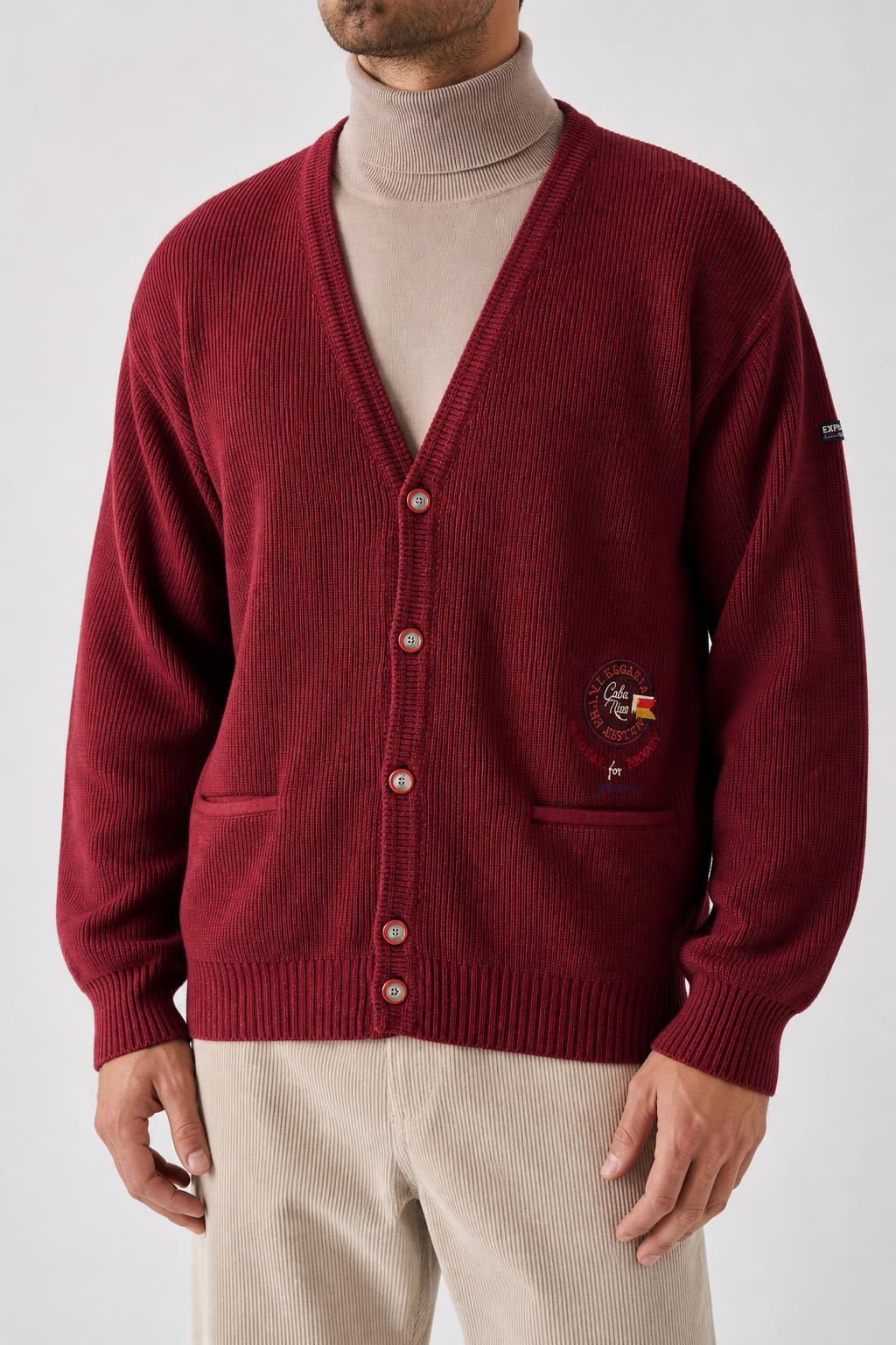 Cardigan in maglia bordeaux con ricamo Explorer vintage – Uomo Taglia XL (IT 54)