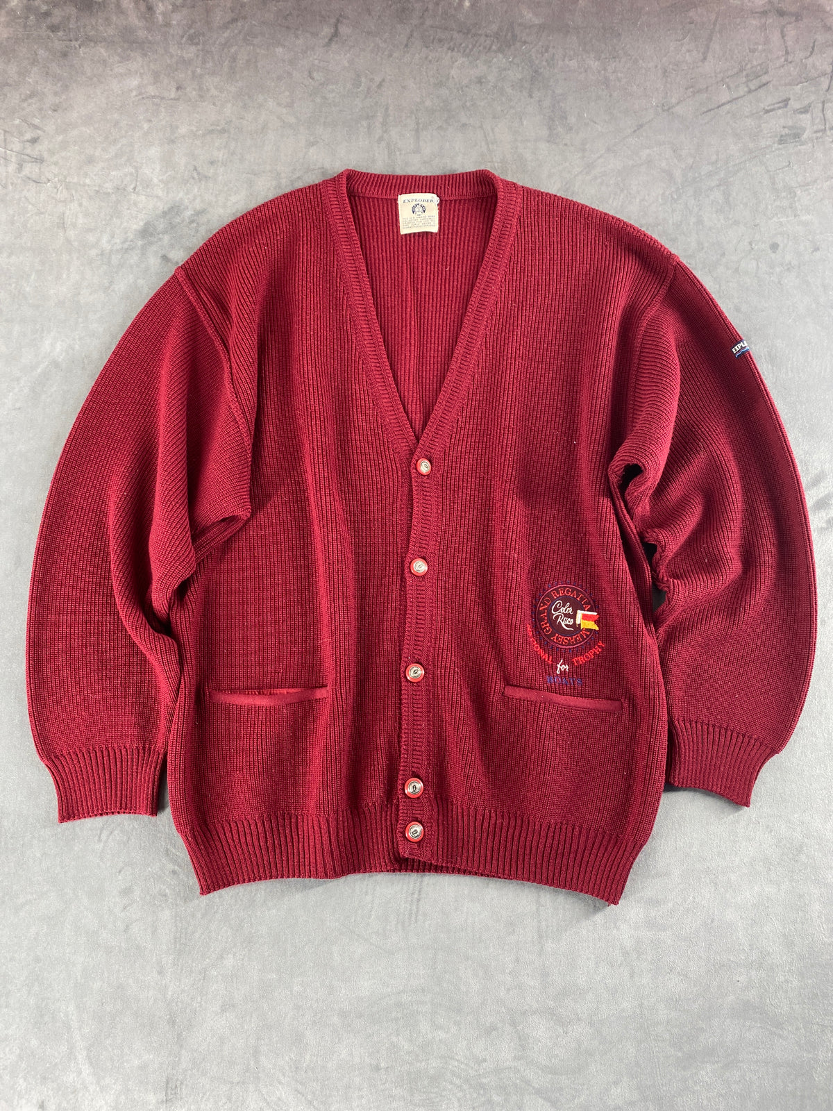 Cardigan in maglia bordeaux con ricamo Explorer vintage – Uomo Taglia XL (IT 54)