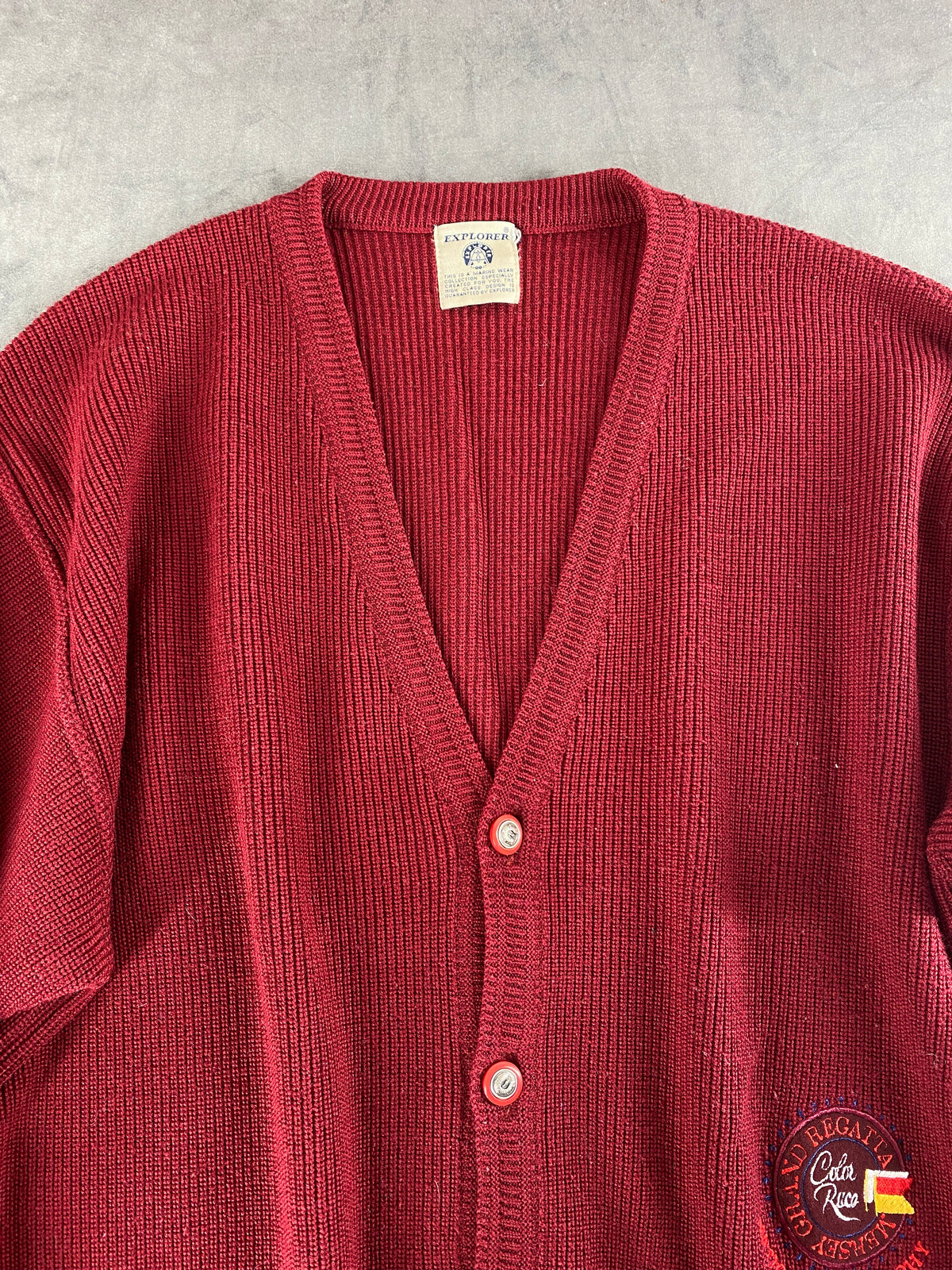 Cardigan in maglia bordeaux con ricamo Explorer vintage – Uomo Taglia XL (IT 54)