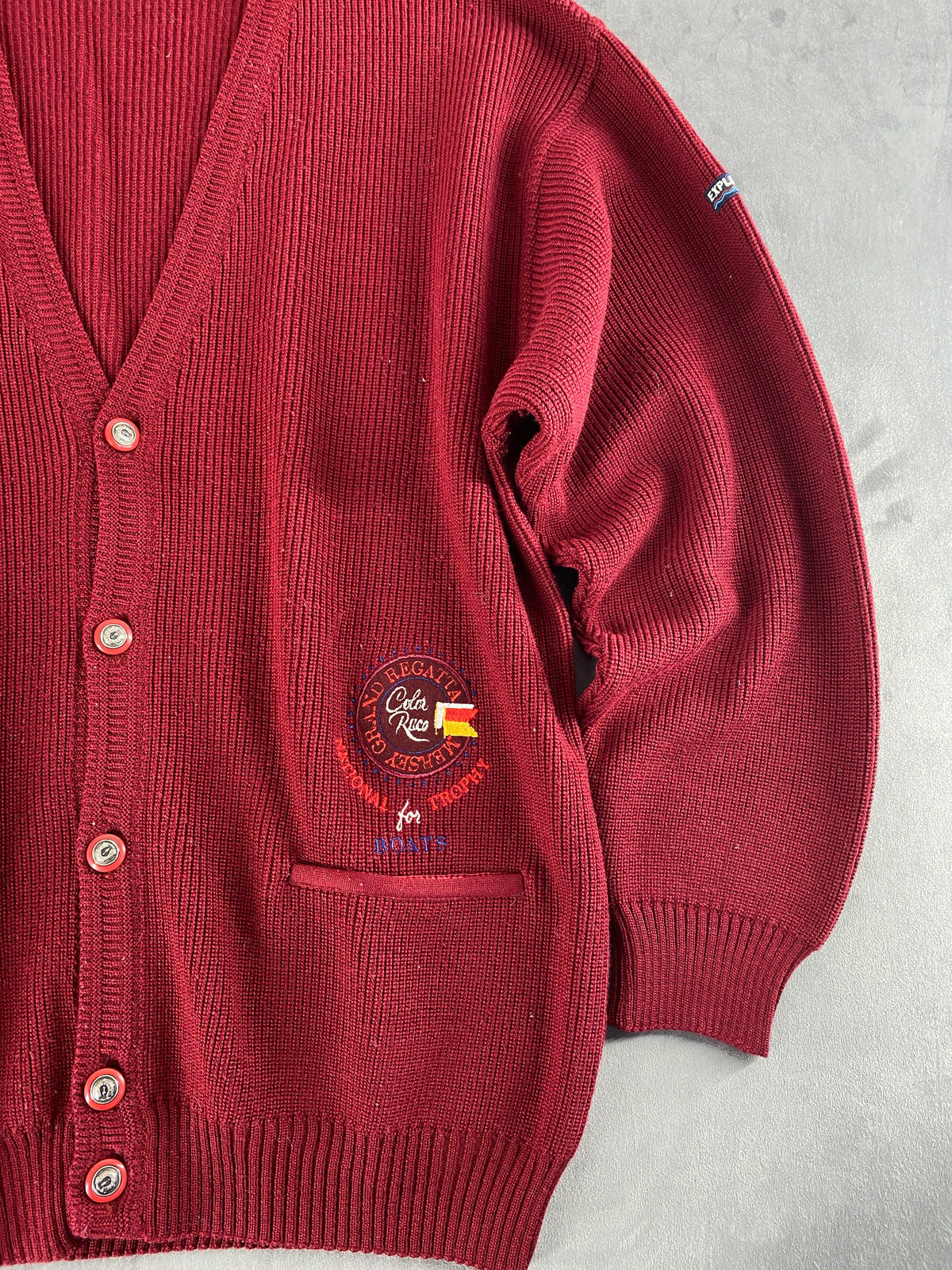 Cardigan in maglia bordeaux con ricamo Explorer vintage – Uomo Taglia XL (IT 54)