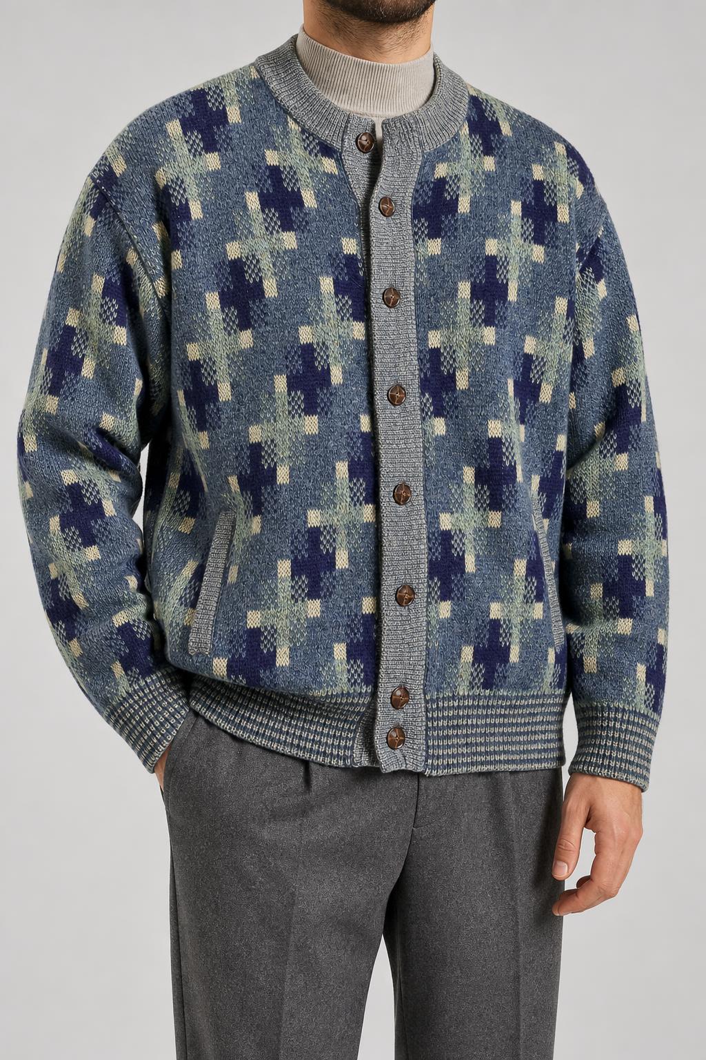 Cardigan in lana a fantasia geometrica Giancarlo Corragi vintage – Uomo Taglia XL (IT 54)