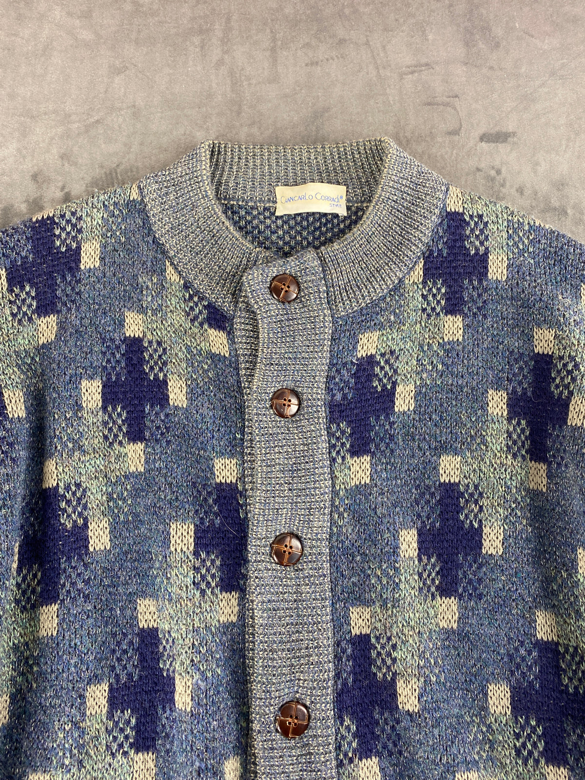 Cardigan in lana a fantasia geometrica Giancarlo Corragi vintage – Uomo Taglia XL (IT 54)