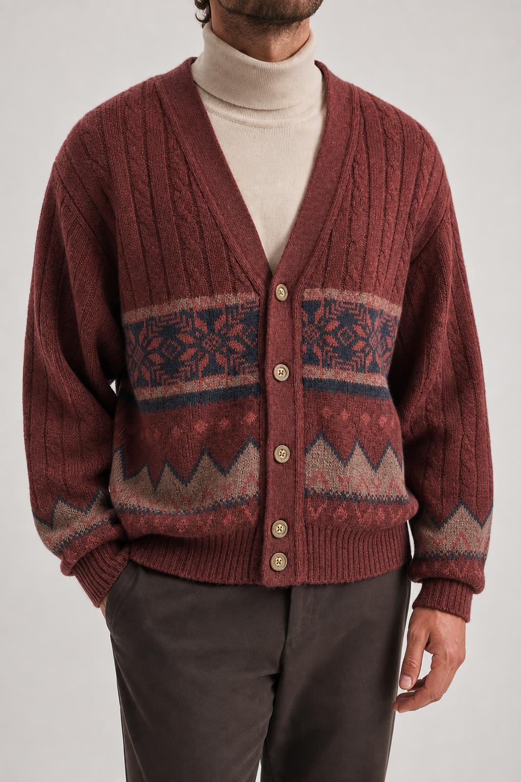 Cardigan in alpaca bordeaux a fantasia nordica Iceland vintage – Uomo Taglia XL (IT 54)