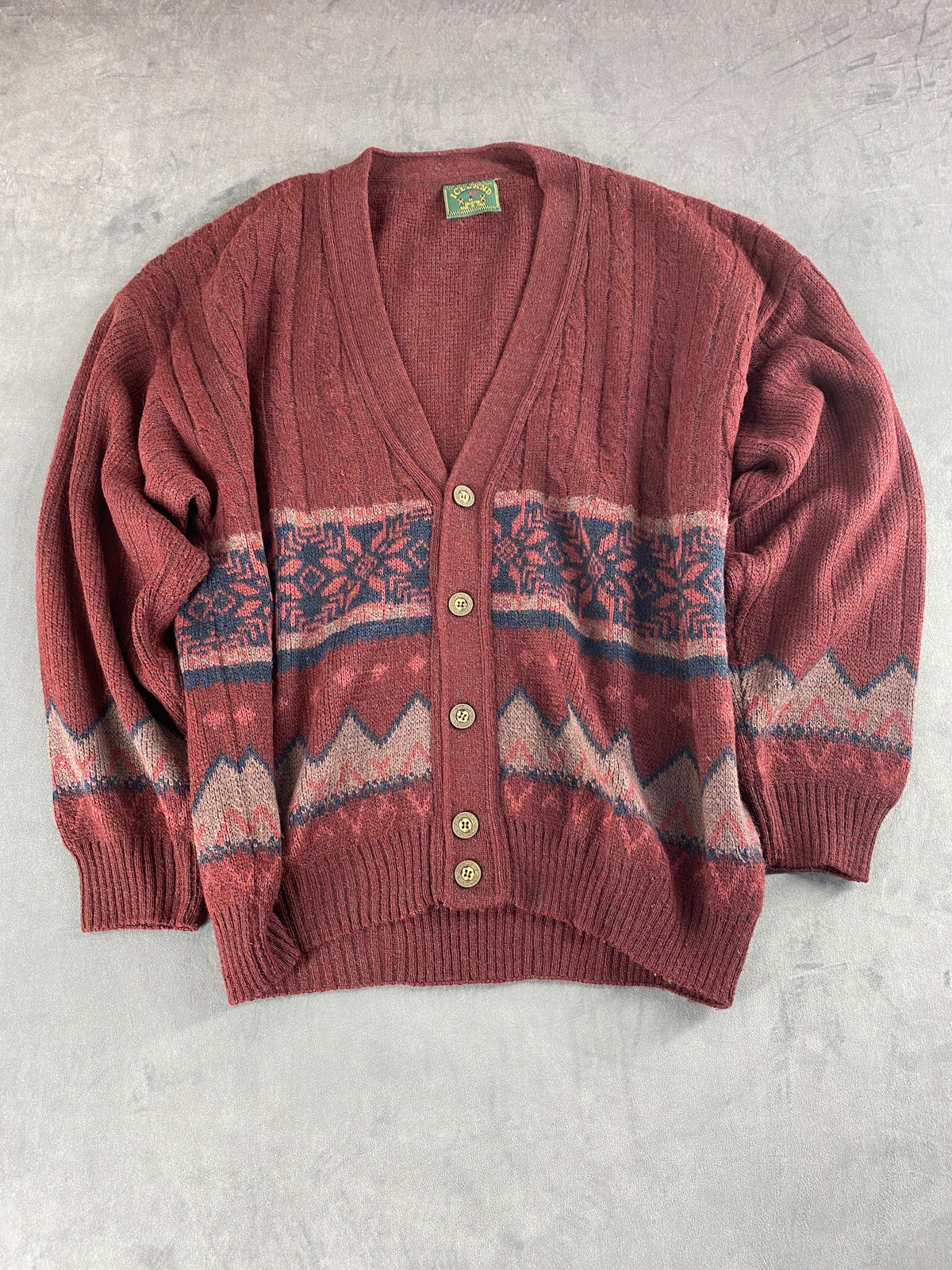 Cardigan in alpaca bordeaux a fantasia nordica Iceland vintage – Uomo Taglia XL (IT 54)