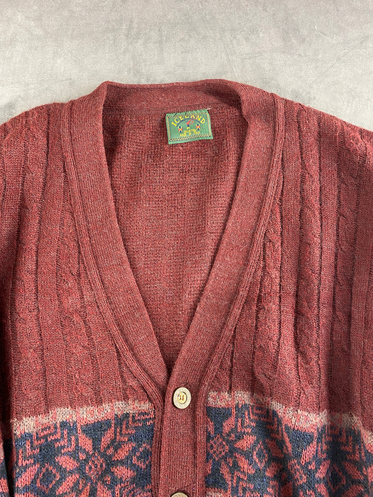 Cardigan in alpaca bordeaux a fantasia nordica Iceland vintage – Uomo Taglia XL (IT 54)