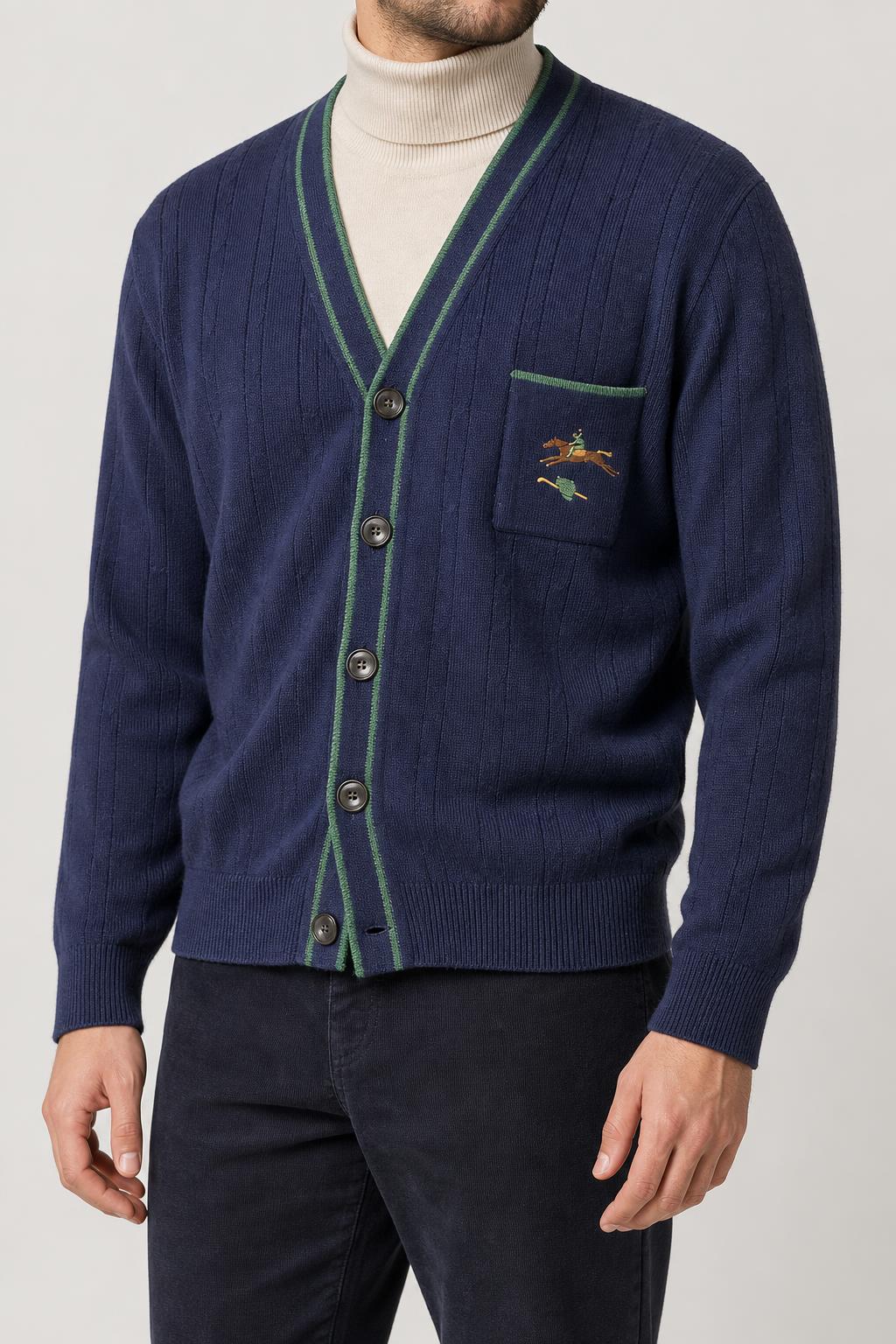 Cardigan in maglia blu navy con profilo verde vintage – Uomo Taglia L