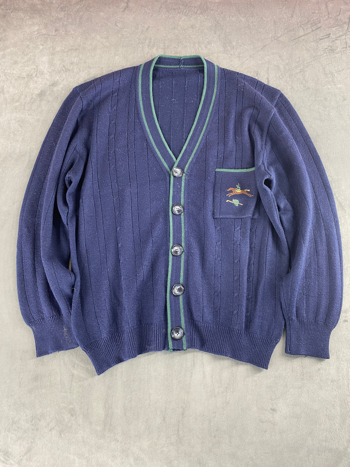 Cardigan in maglia blu navy con profilo verde vintage – Uomo Taglia L