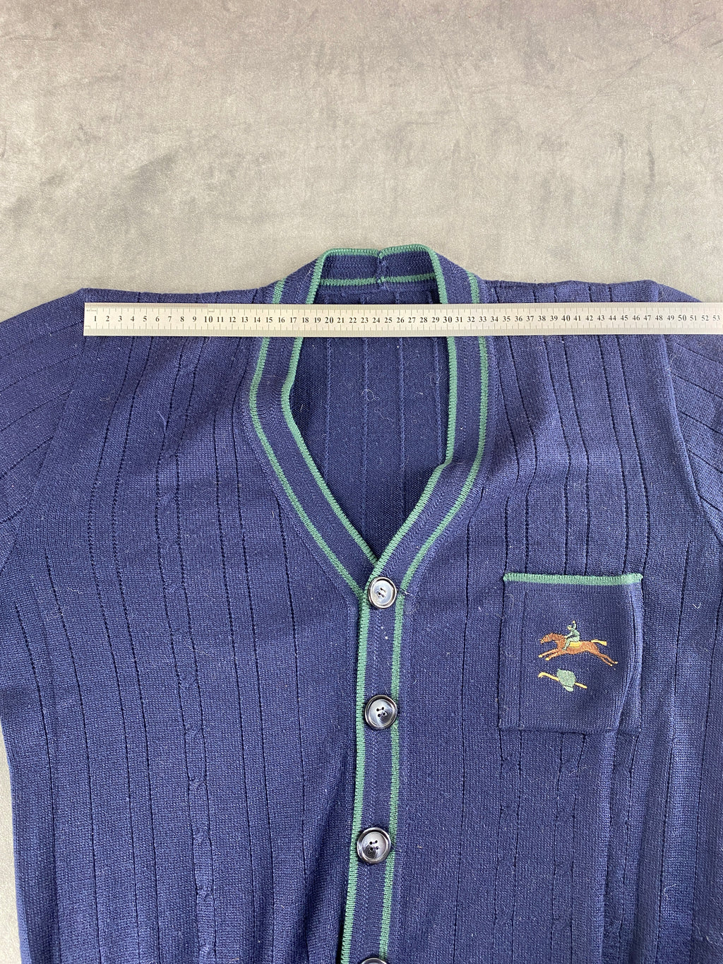 Cardigan in maglia blu navy con profilo verde vintage – Uomo Taglia L