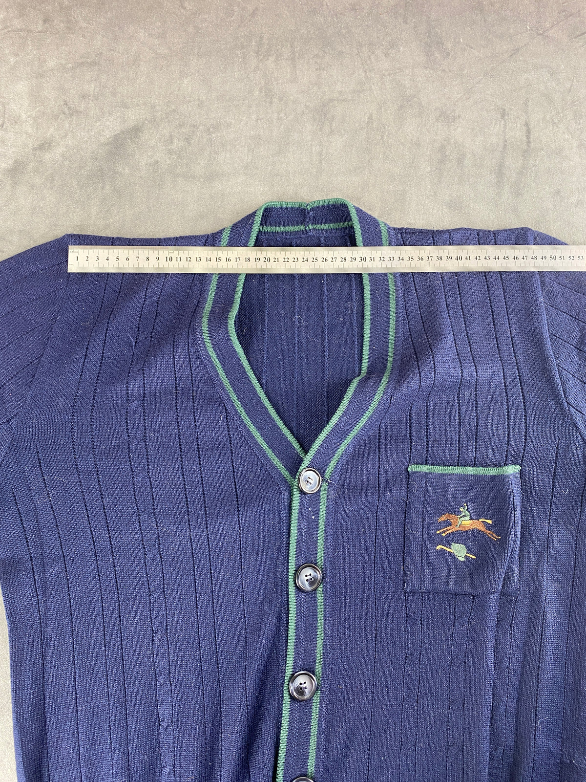 Cardigan in maglia blu navy con profilo verde vintage – Uomo Taglia L