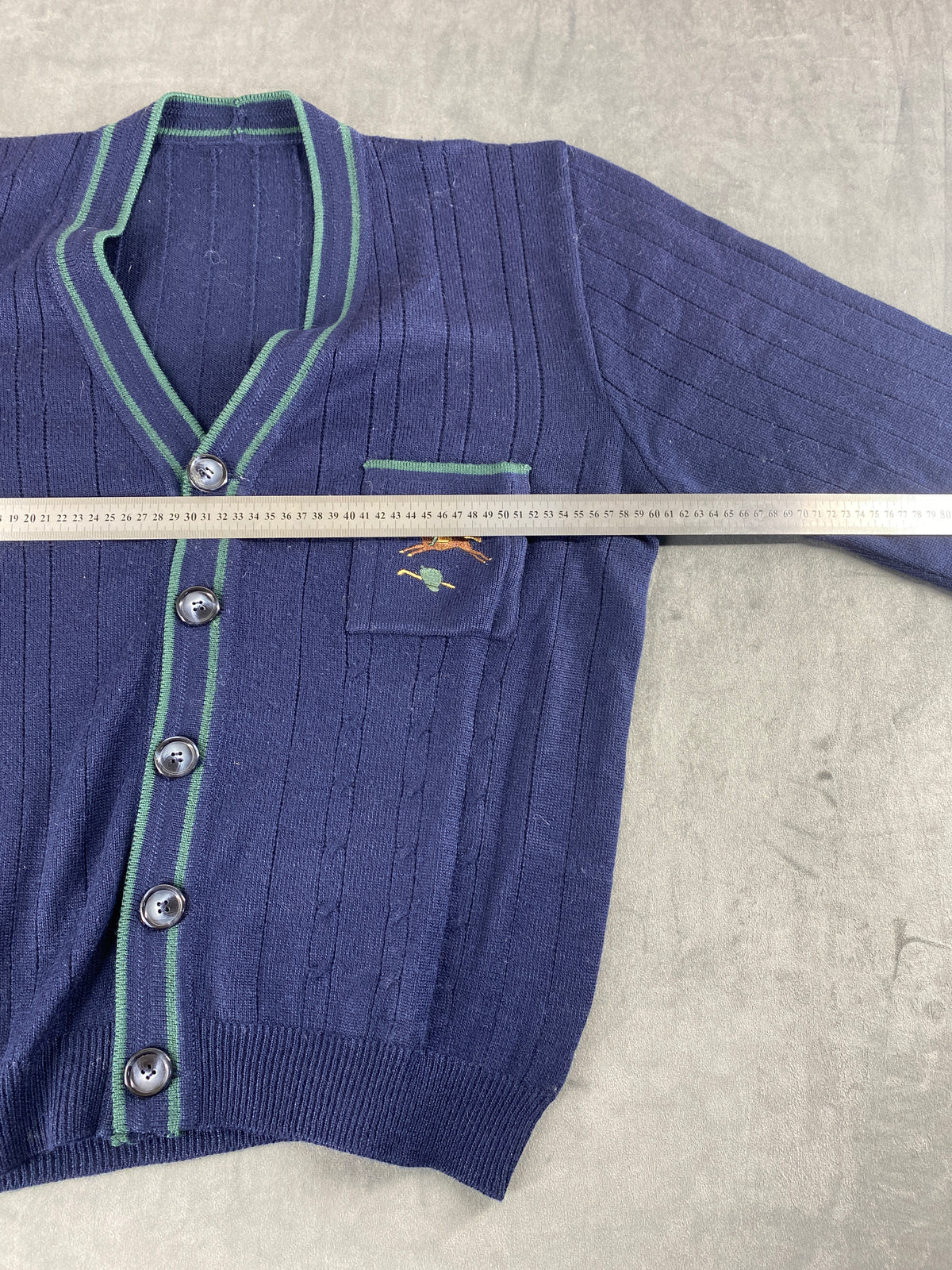 Cardigan in maglia blu navy con profilo verde vintage – Uomo Taglia L
